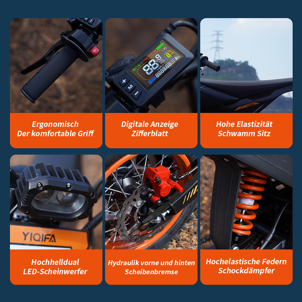 Nahaufnahmen eines E-Bikes mit Lenker, Digitalanzeige, Sitz, Scheinwerfer, Bremsen und Federung. Detaillierte Ansicht der Komponenten.