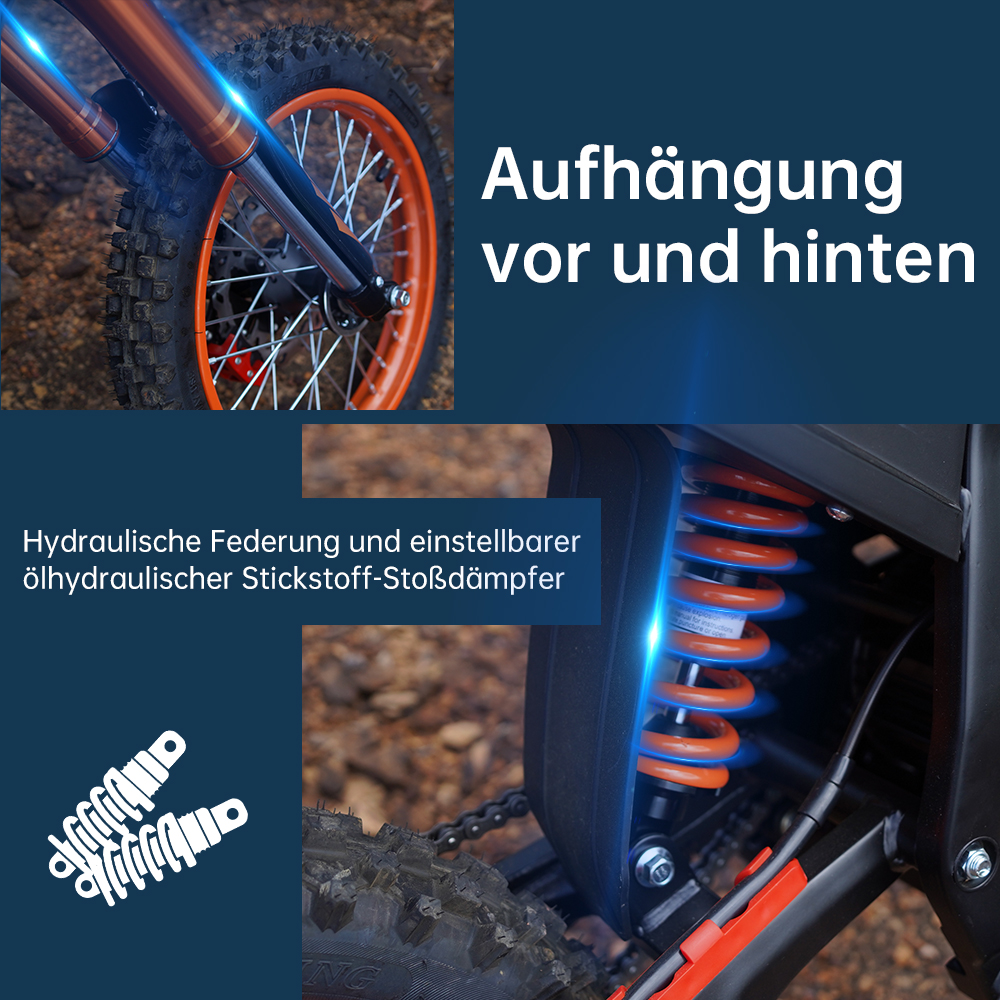 Das Bild zeigt Fahrradaufhängungsteile. Details des Rades, Stoßdämpfers und Text auf Deutsch. Orange und Schwarz sind sichtbar.