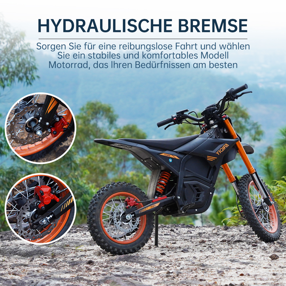 Schwarzes und oranges Motorrad auf felsigem Untergrund, mit Text über Hydraulikbremsen. Berge und Bäume im Hintergrund.