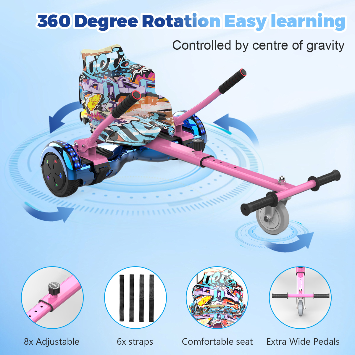 Un hoverboard rosa con asiento y manijas. Tiene luces azules y se anuncia como fácil de aprender y controlado por gravedad.