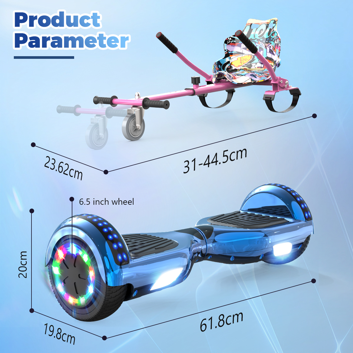 La imagen muestra un hoverboard azul y un kart rosa. Se enumeran las dimensiones. El hoverboard tiene luces y una parte superior negra.
