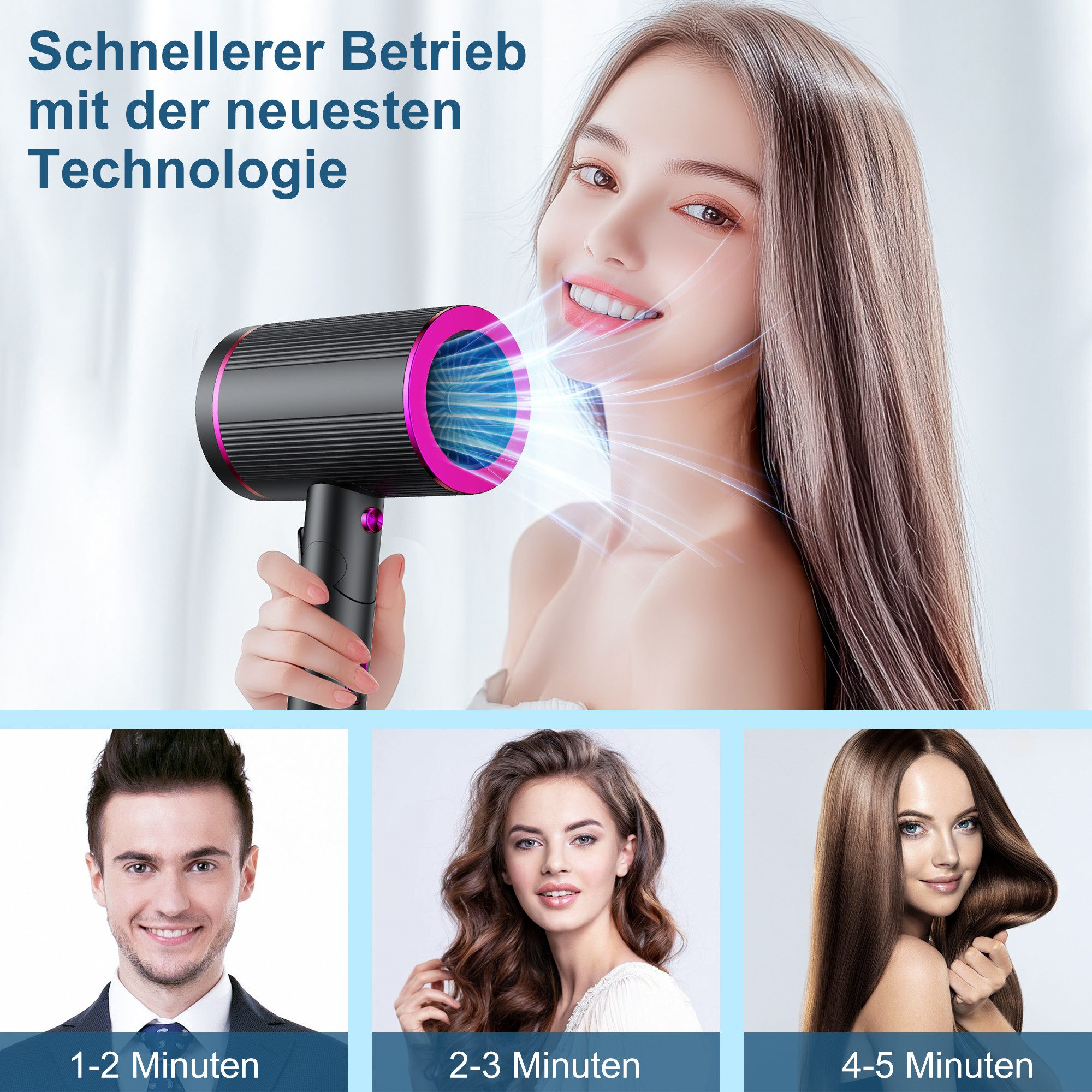 Frau benutzt einen schwarz-rosa Haartrockner. Unten sind Bilder von Personen mit unterschiedlichen Haarlängen und Trocknungszeiten.