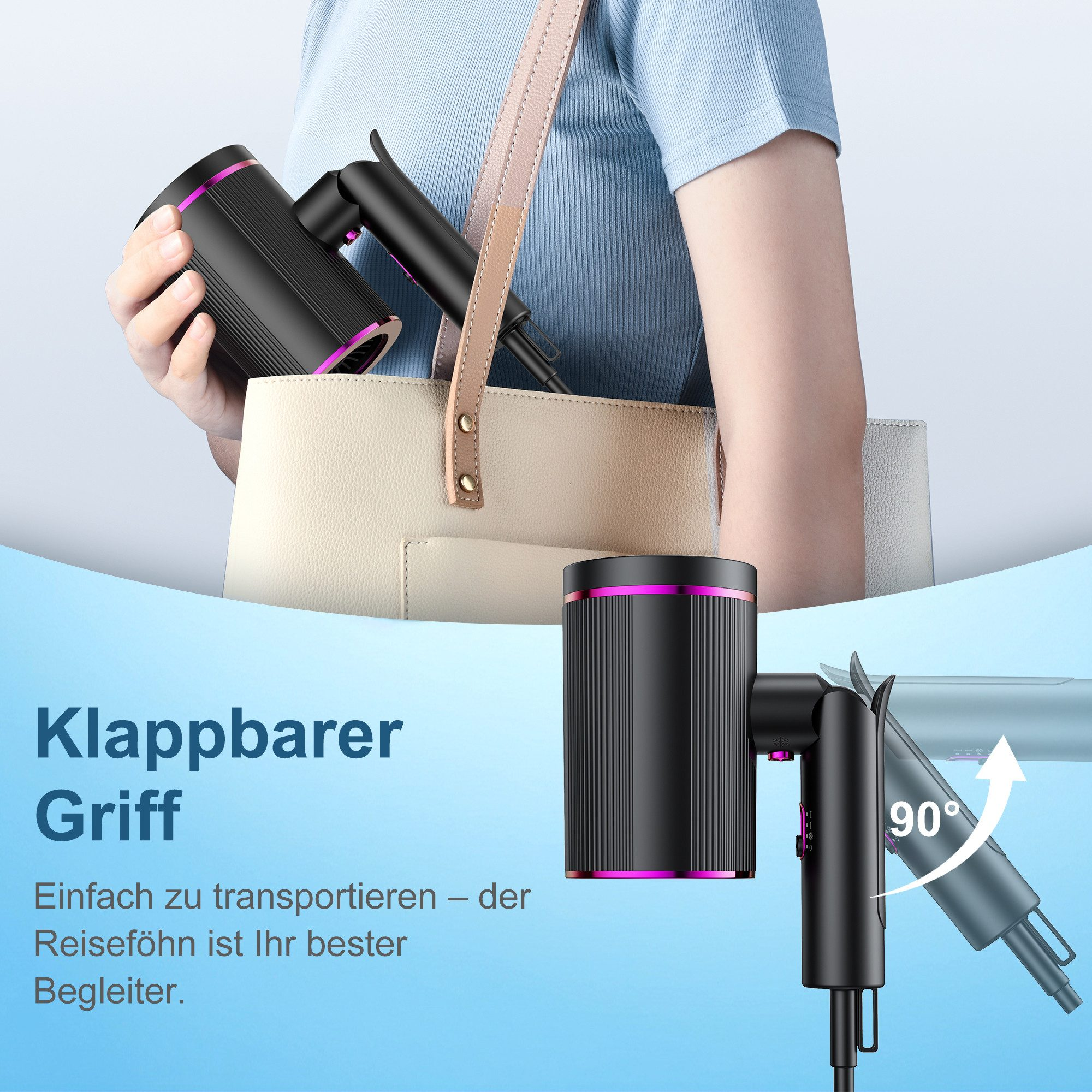 Eine Person, die einen schwarzen Haartrockner mit pinkfarbenen Akzenten und eine weiße Handtasche hält.