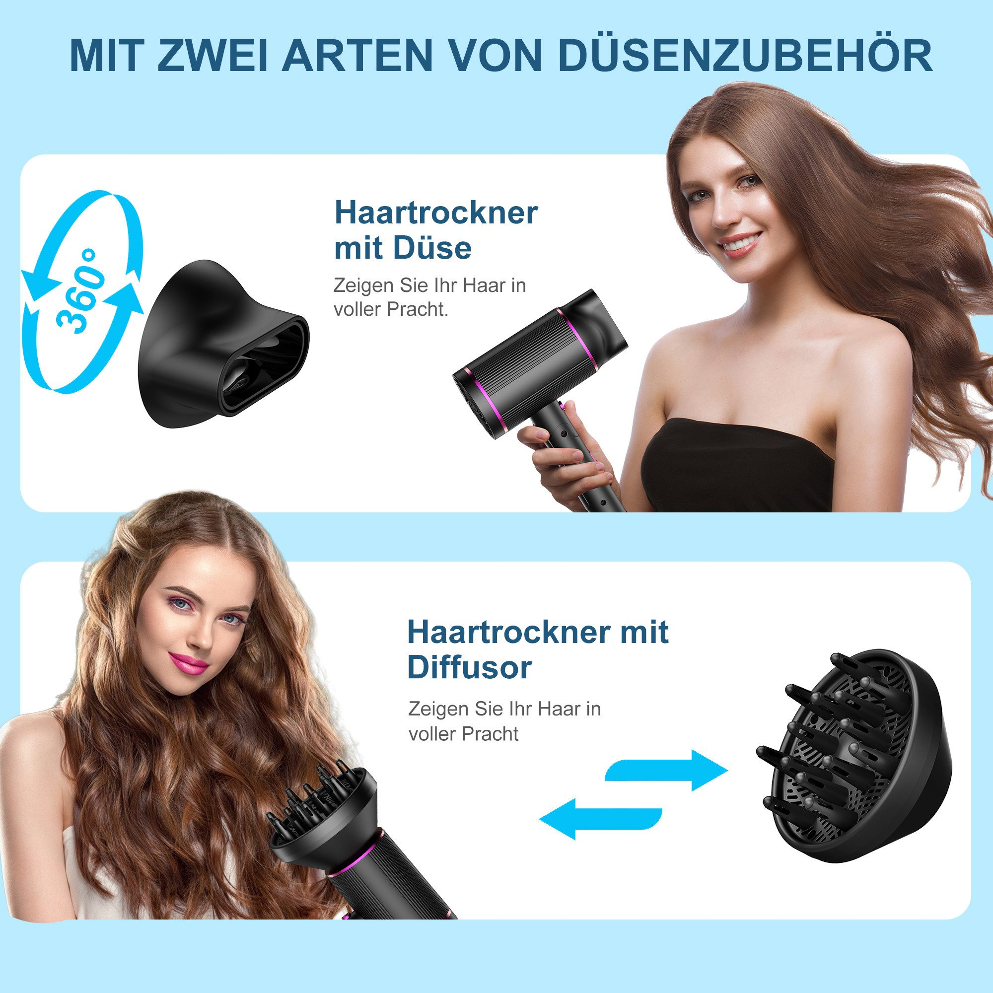 Das Bild zeigt Haartrocknerzubehör. Zwei Frauen mit langen Haaren sind zu sehen. Der Text auf Deutsch beschreibt die Produkte.
