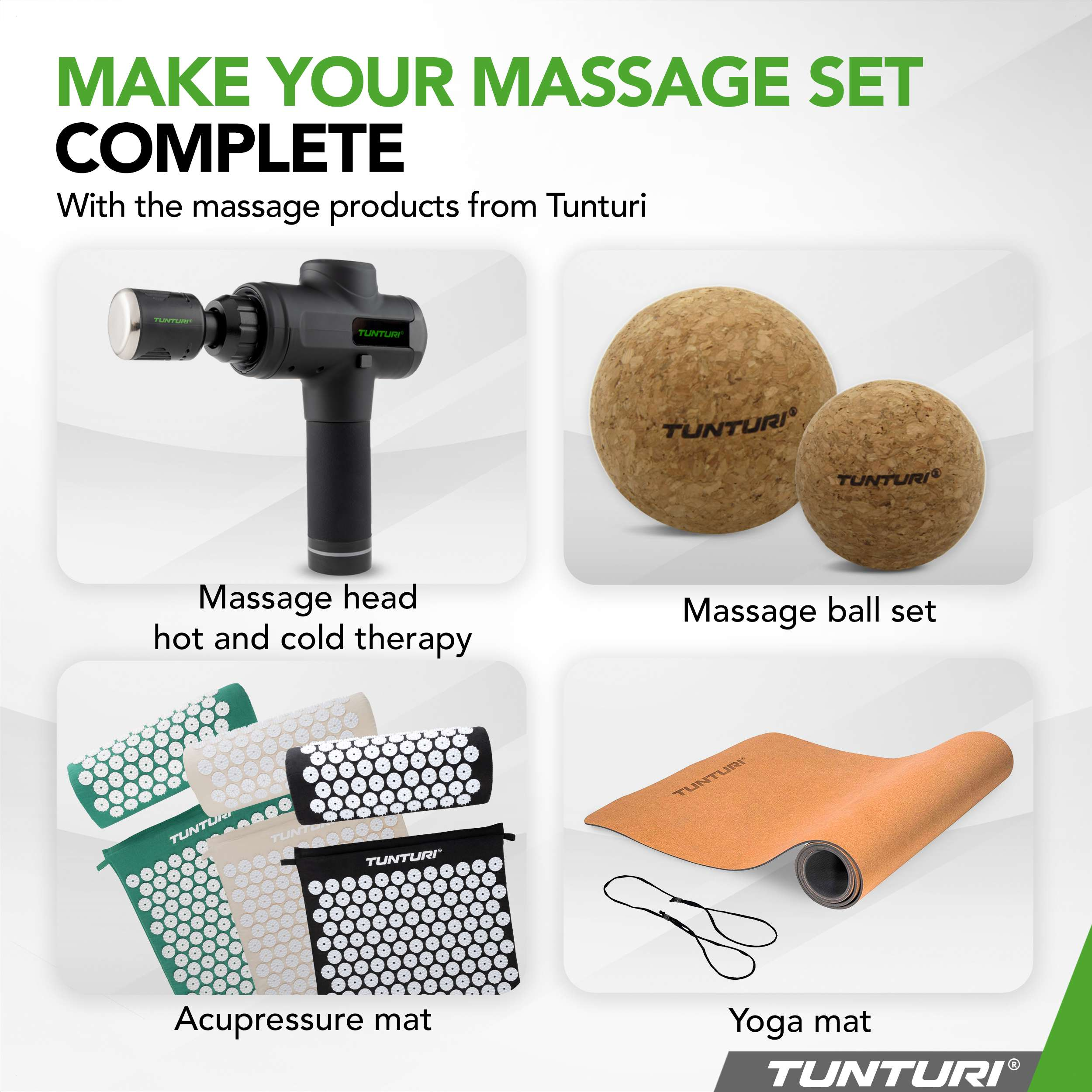 Afbeelding toont massage tools: massagepistool, massageballen, acupressuurmatten en yogamat. Allemaal van Tunturi.