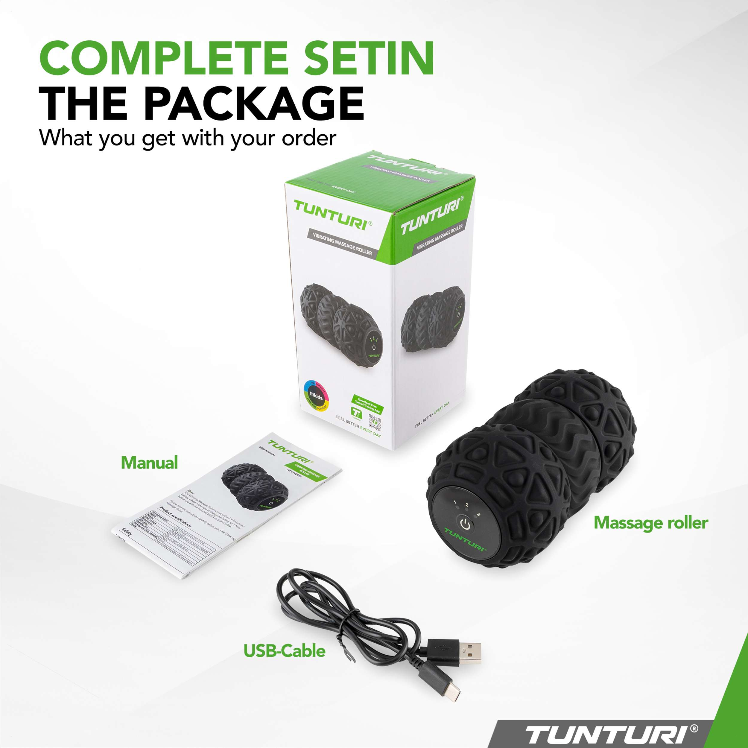 Een massagerollerset met USB-kabel, handleiding en zwarte vibrerende massageroller, allemaal van het merk Tunturi.