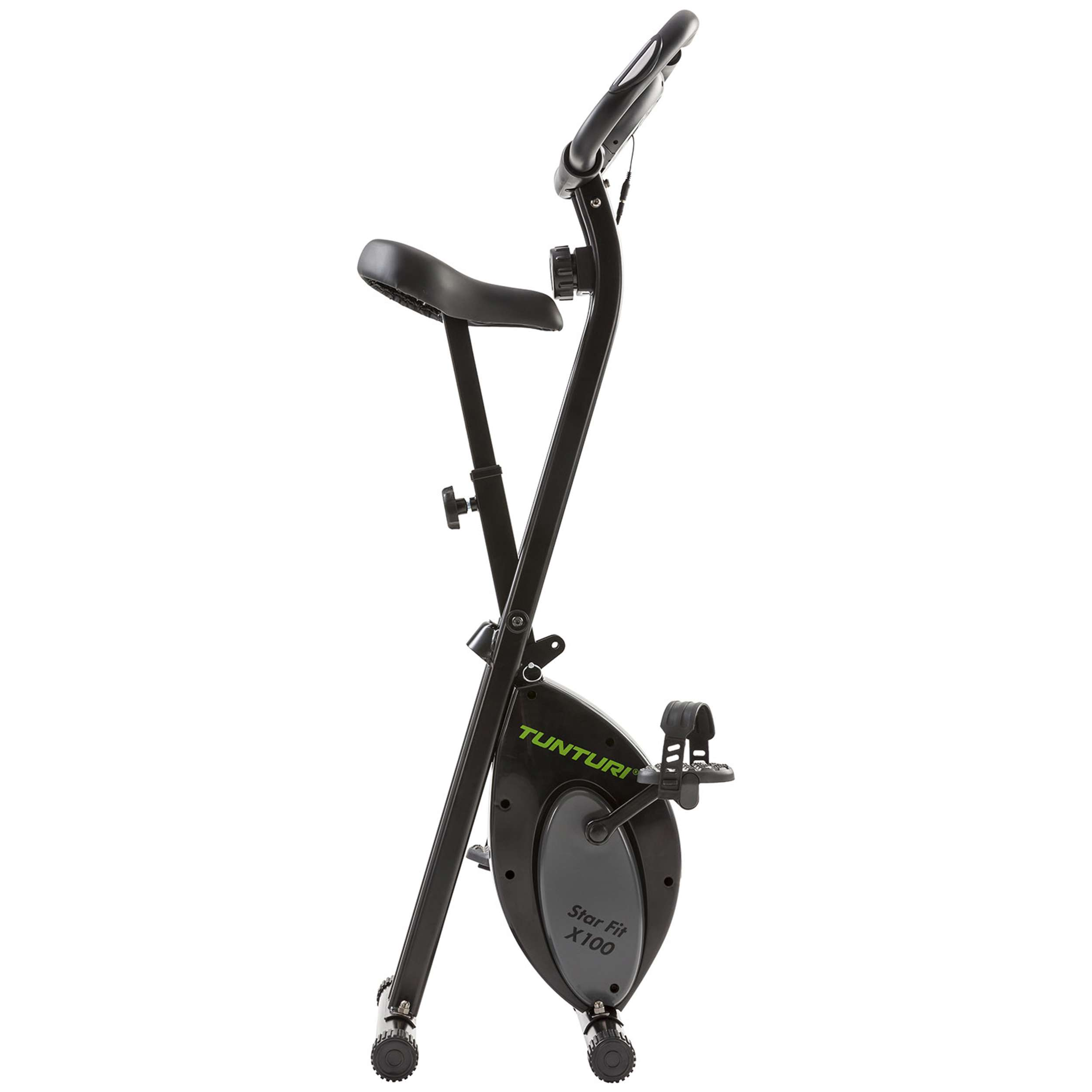 Zwarte hometrainer op een witte achtergrond. Het heeft een zadel, pedalen en een stuur. Het merk is Tunturi.