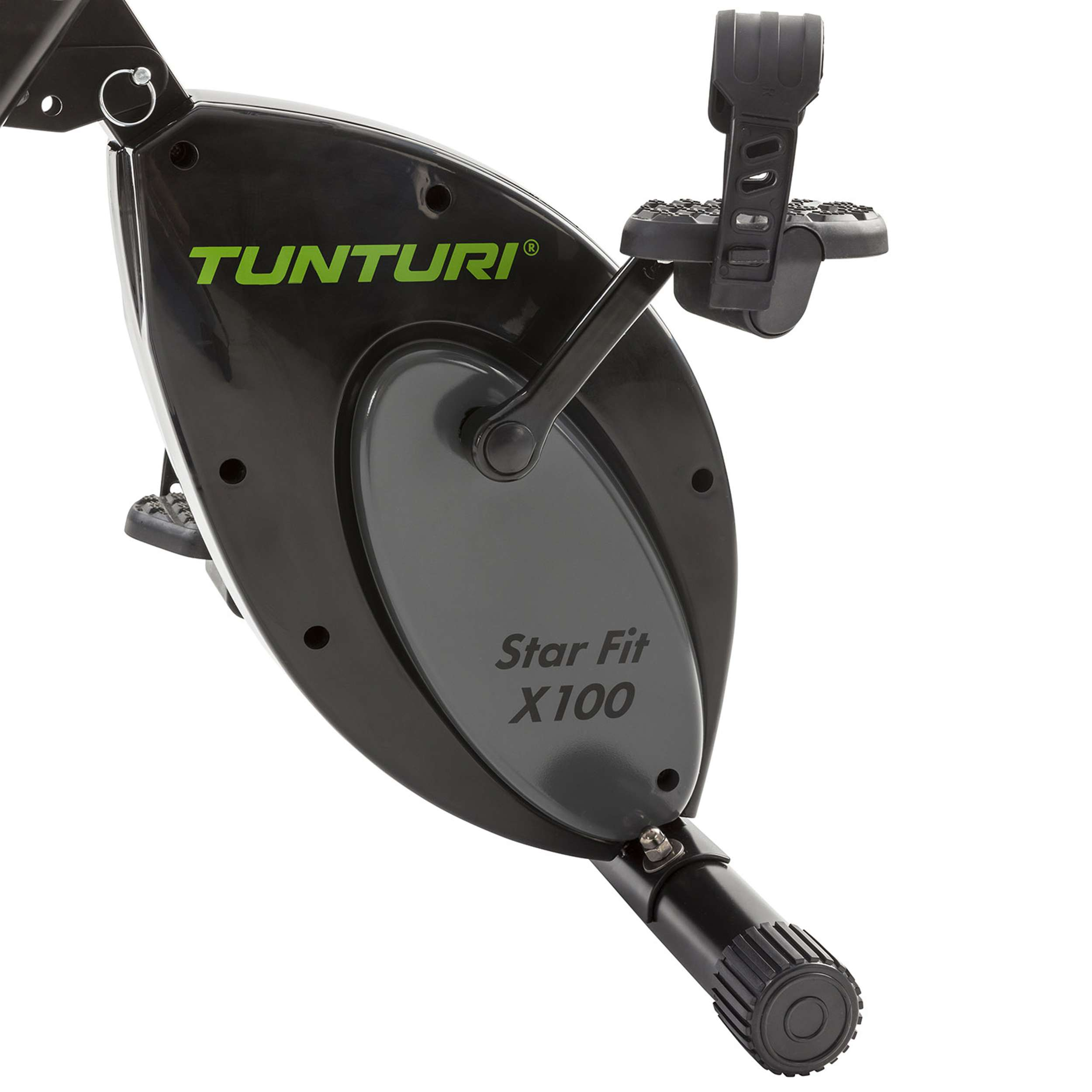 Zwarte hometrainer met groen Tunturi-logo. Het heeft pedalen en een display. Witte achtergrond.