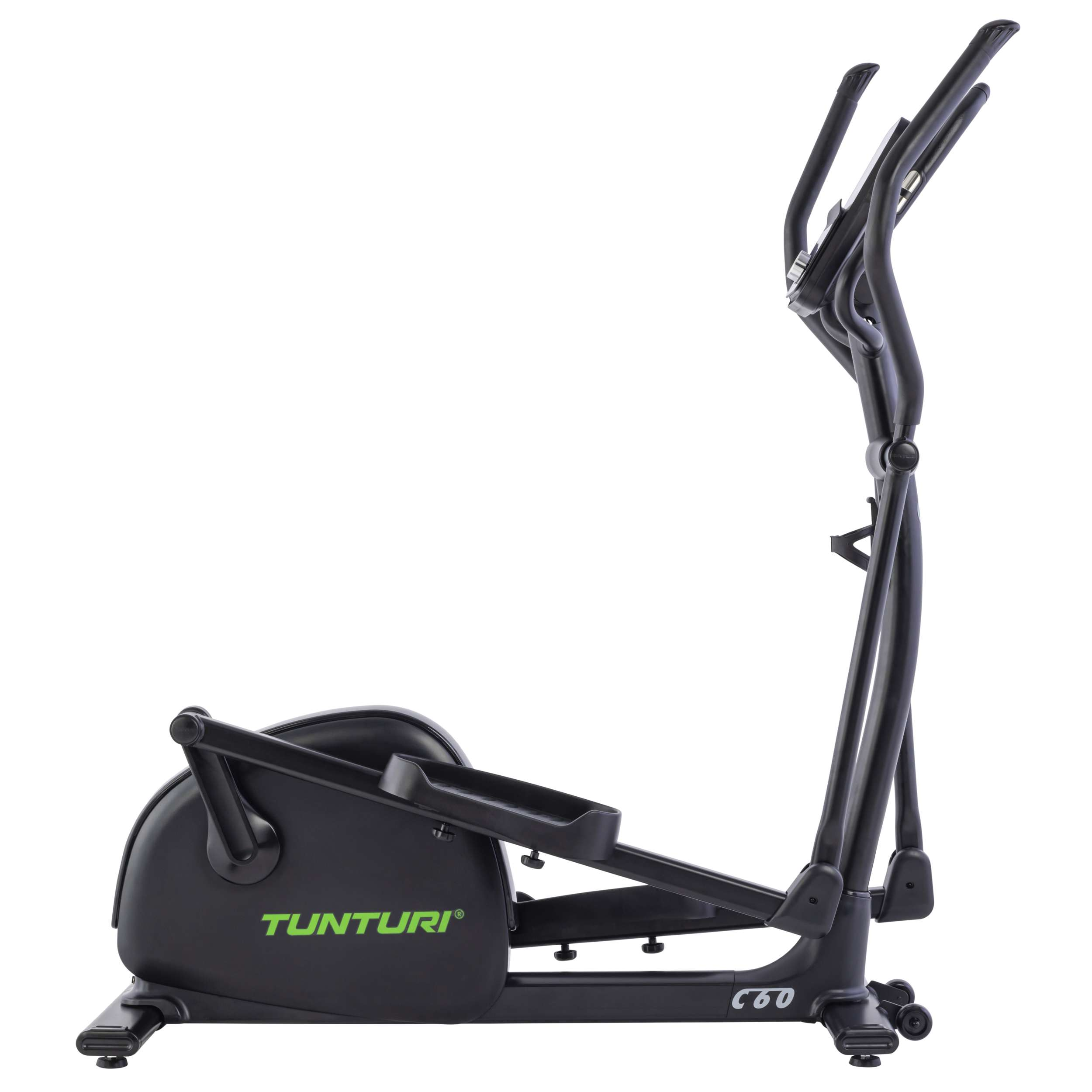 Zwarte Tunturi C60 crosstrainer op wit. Voorzien van handgrepen, voetsteunen en een digitaal display. Merk zichtbaar.