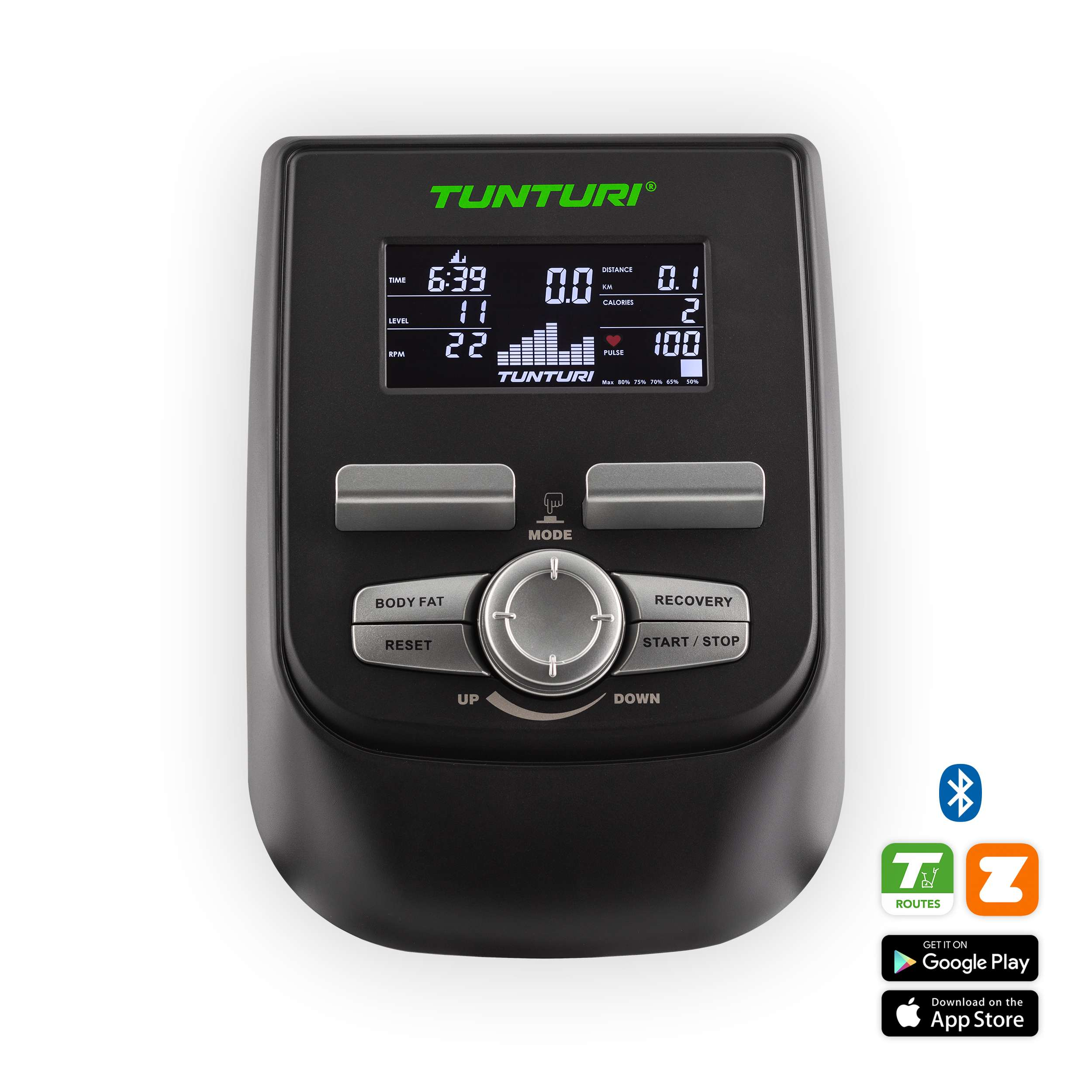 Black exercise machine display with time, distance, and pulse readings. Has buttons and app icons.