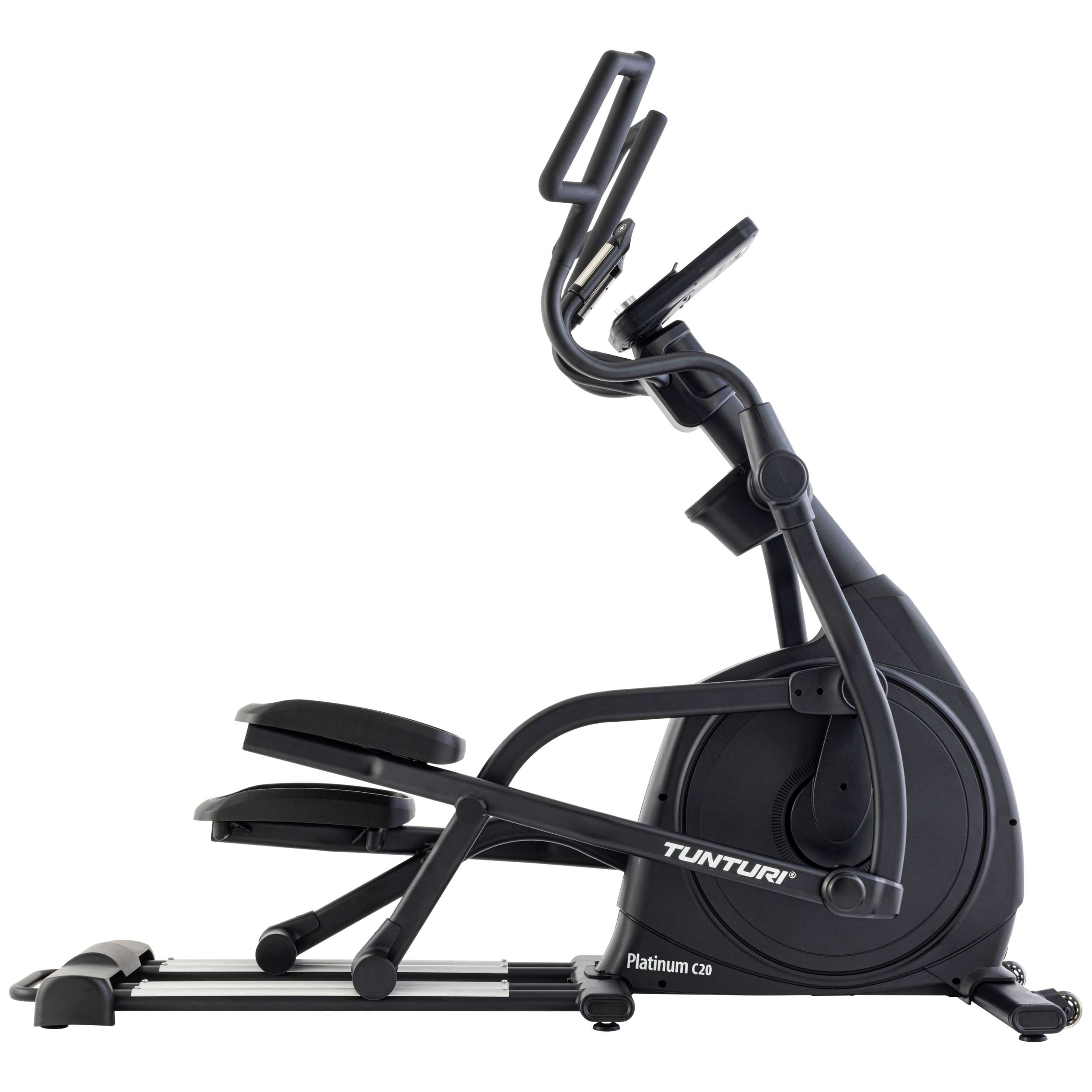 A black Tunturi Platinum C20 elliptical trainer. It has handles, footrests, and a digital display against a white backdrop.
