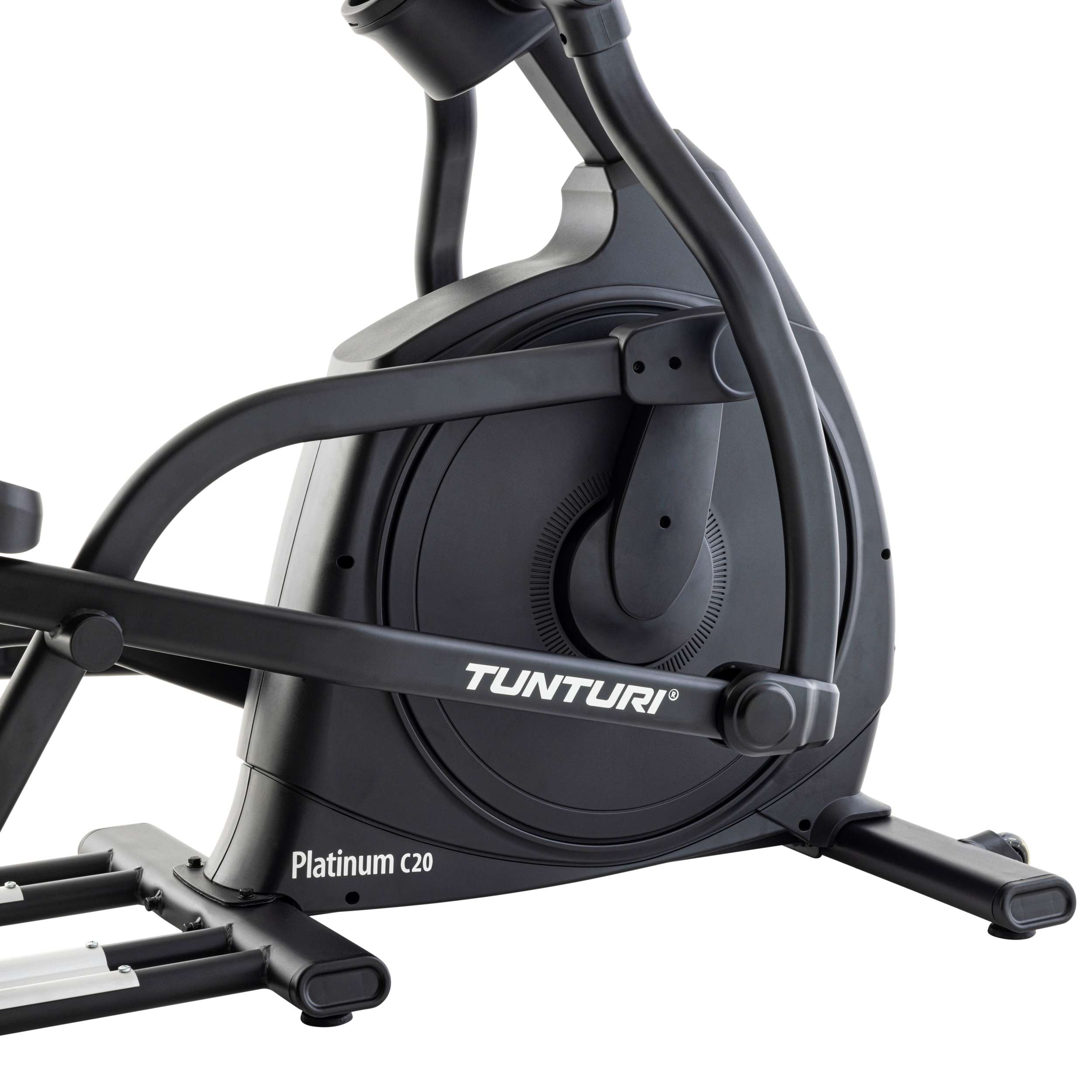 Black Tunturi Platinum C20 elliptical trainer. The machine is on a white background. Close up view.
