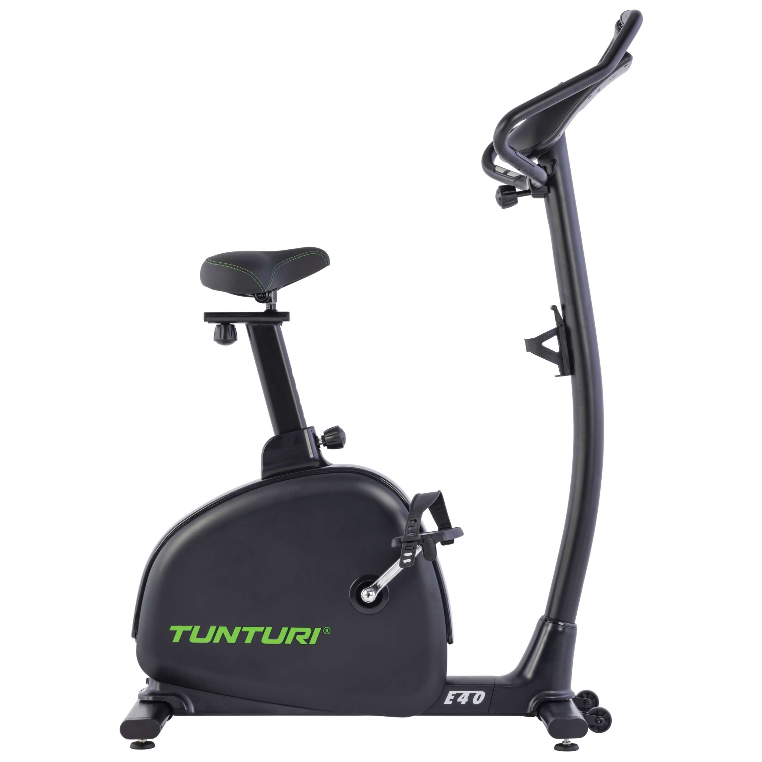 A black exercise bike with green accents, branded Tunturi E40. The seat is black with green stitching. Pedals and handlebars are present.
