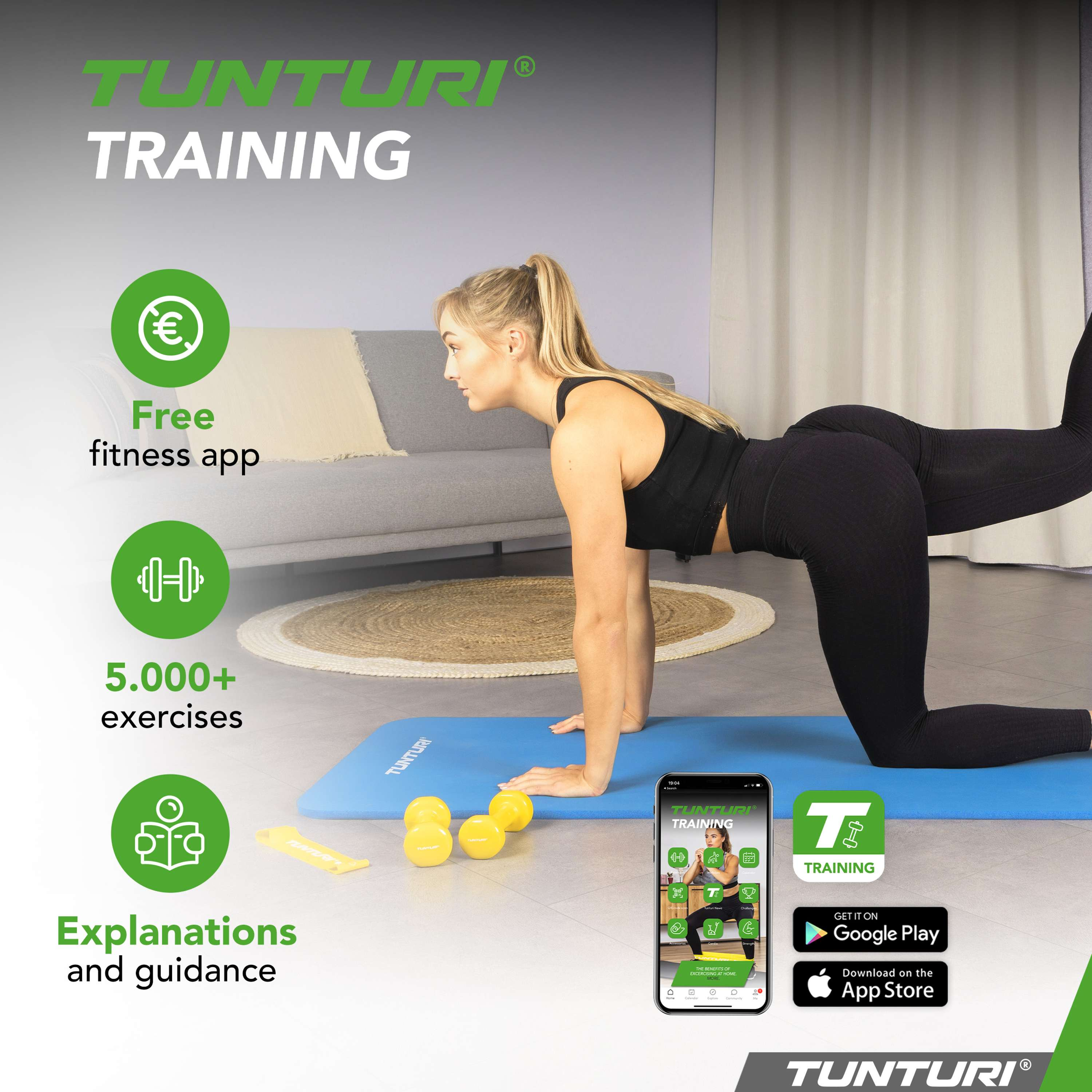 A woman exercising on a mat, with a phone showing the fitness app. Yellow weights and app icons are visible.