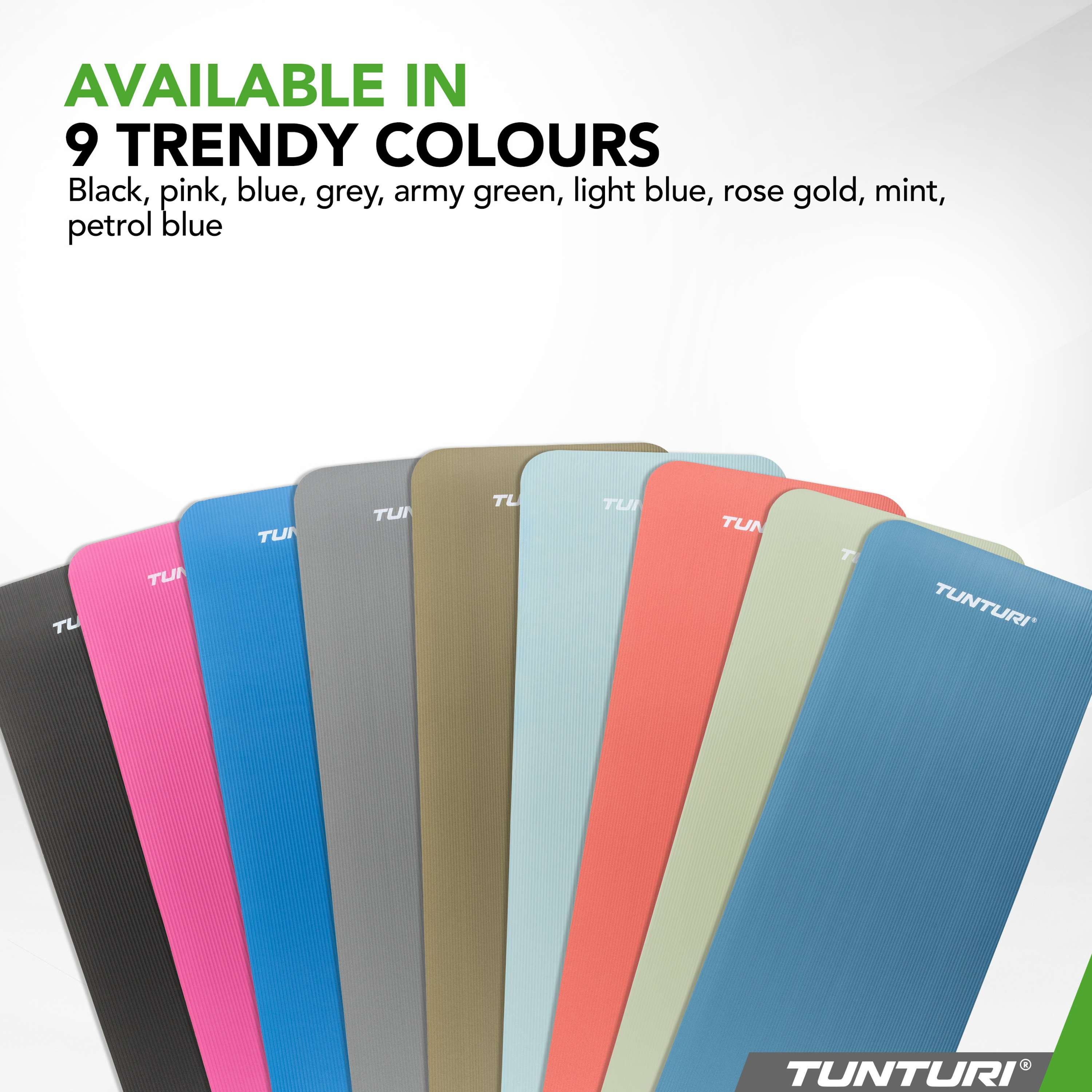 Nine colorful yoga mats are displayed, with a text that says 'Available in 9 trendy colors'.