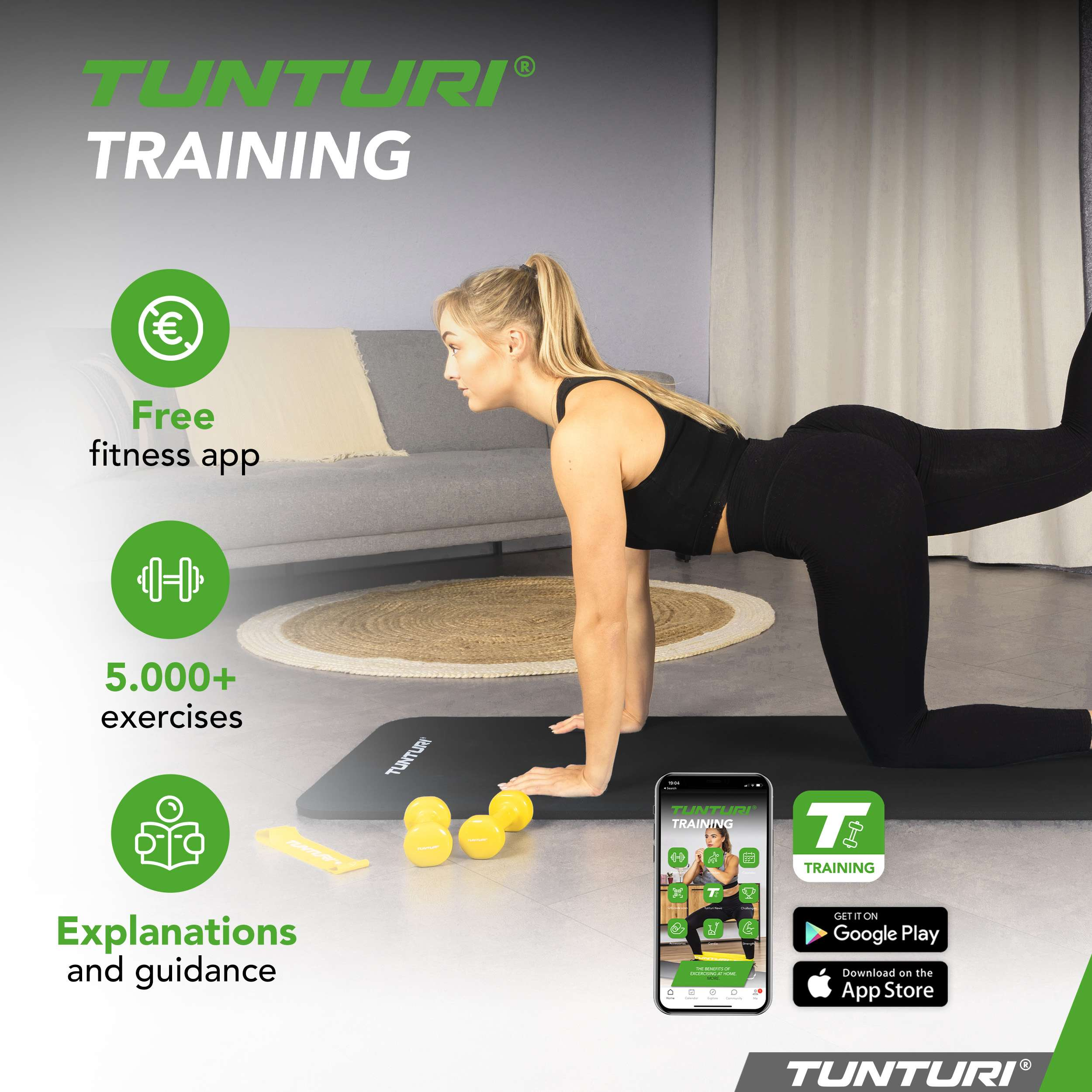 Een vrouw sport op een mat. App en fitnessapparatuur worden getoond. Het Tunturi-logo wordt weergegeven.