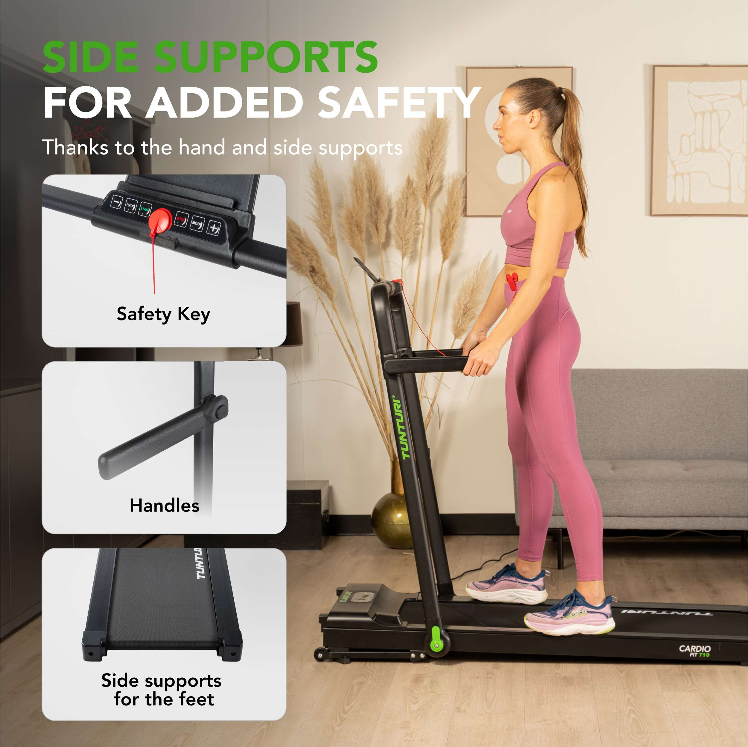 Een vrouw sport op een loopband. Het heeft zijsteunen, handvatten en een veiligheidssleutel. De machine is zwart en groen.