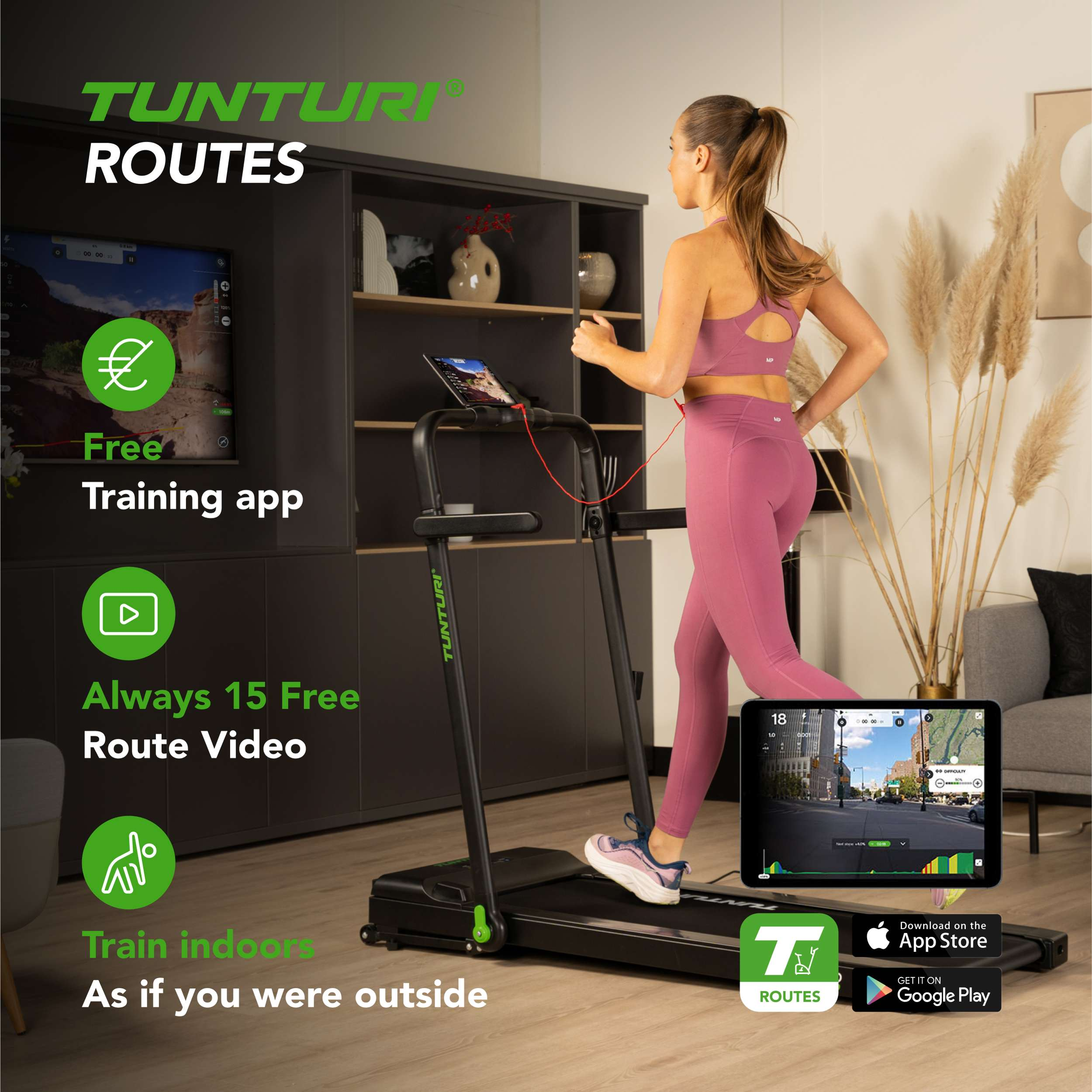 Een vrouw rent op een loopband. Een tablet toont een straatbeeld. De machine heeft het Tunturi Routes-logo.