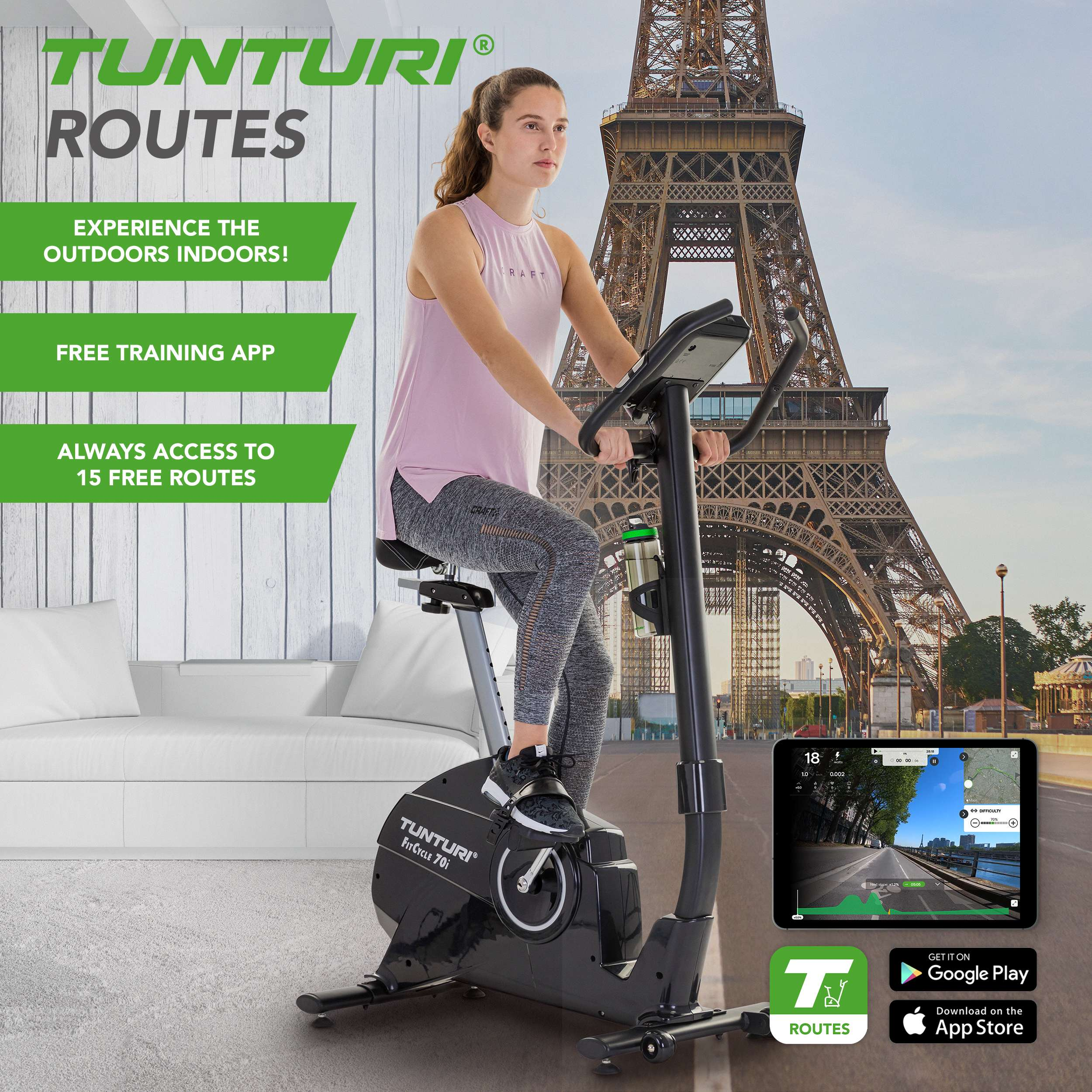 Vrouw op hometrainer met Eiffeltoren op achtergrond. App op tablet toont fietsroute.