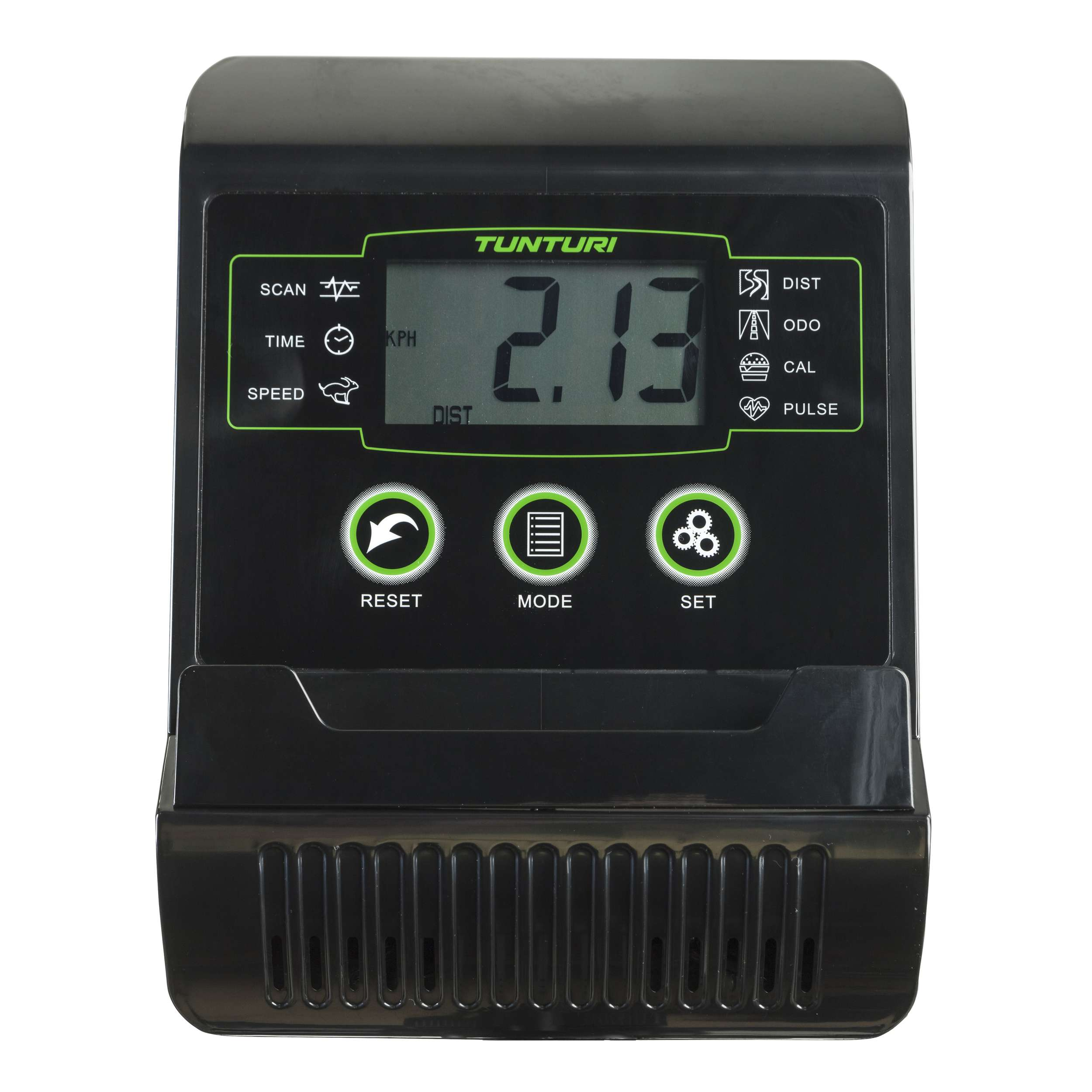 Zwarte hometrainerconsole met digitaal display met 2.13 en diverse fitnessgegevens. Knoppen voor reset, modus en instellen.