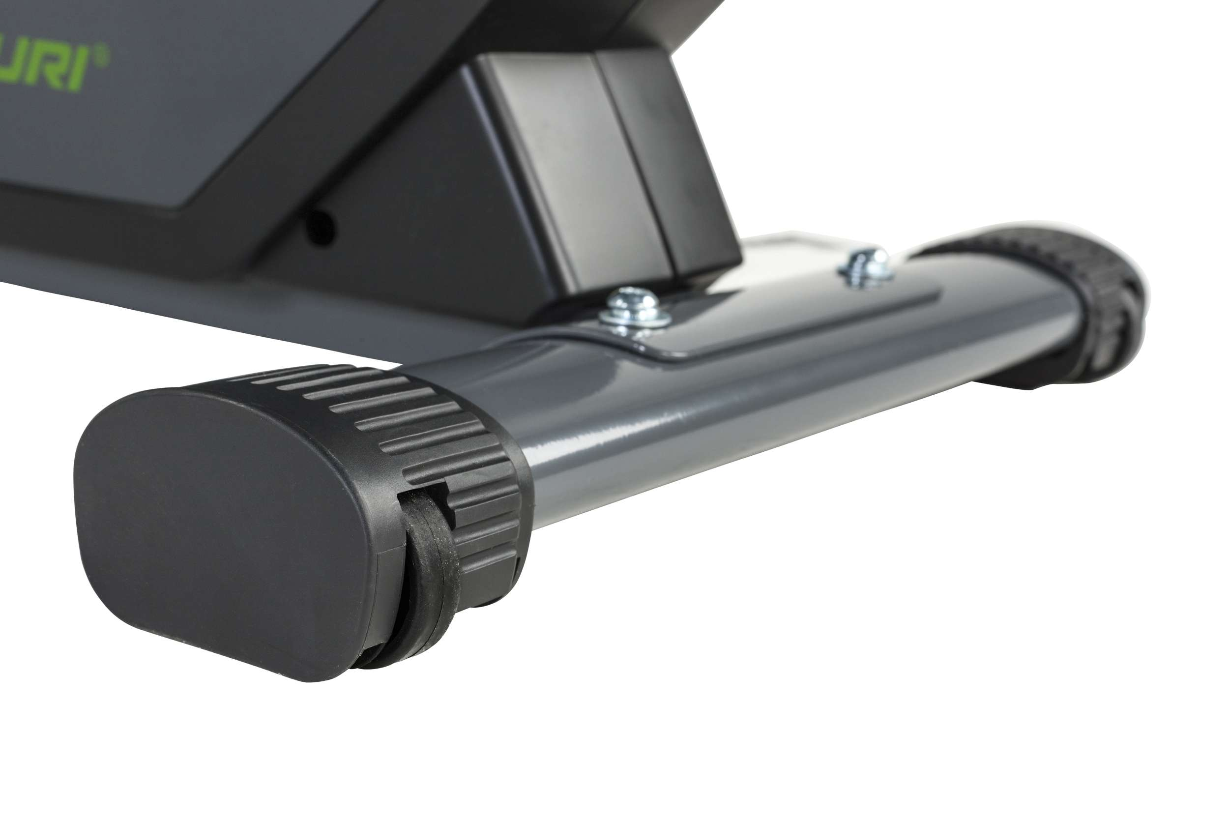 Close-up of a dark grey exercise equipment leg. A black wheel and a grey tube are visible. White background.