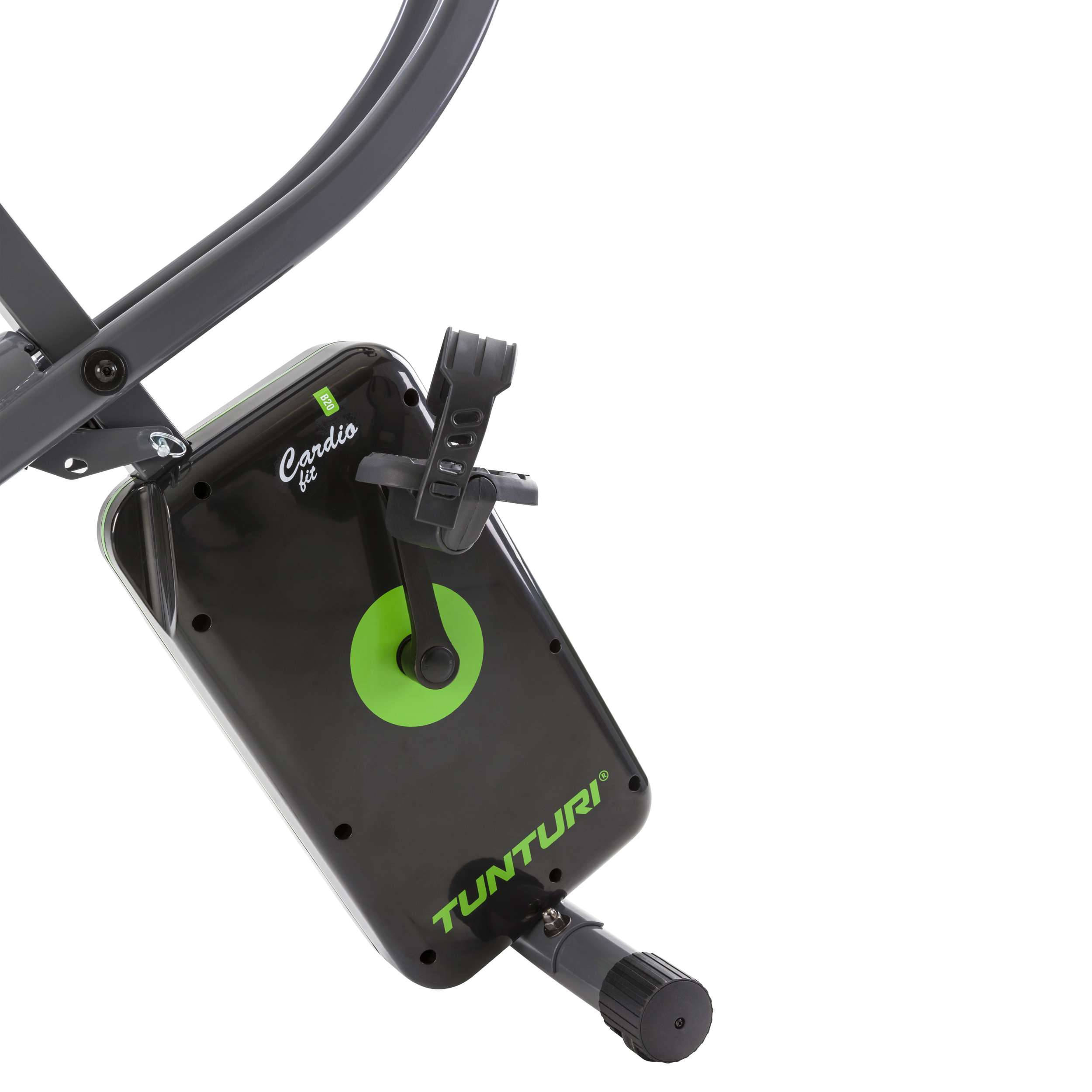 Zwarte en groene hometrainer. Het heeft een groene cirkel en het woord "Cardio Fit" staat erop.