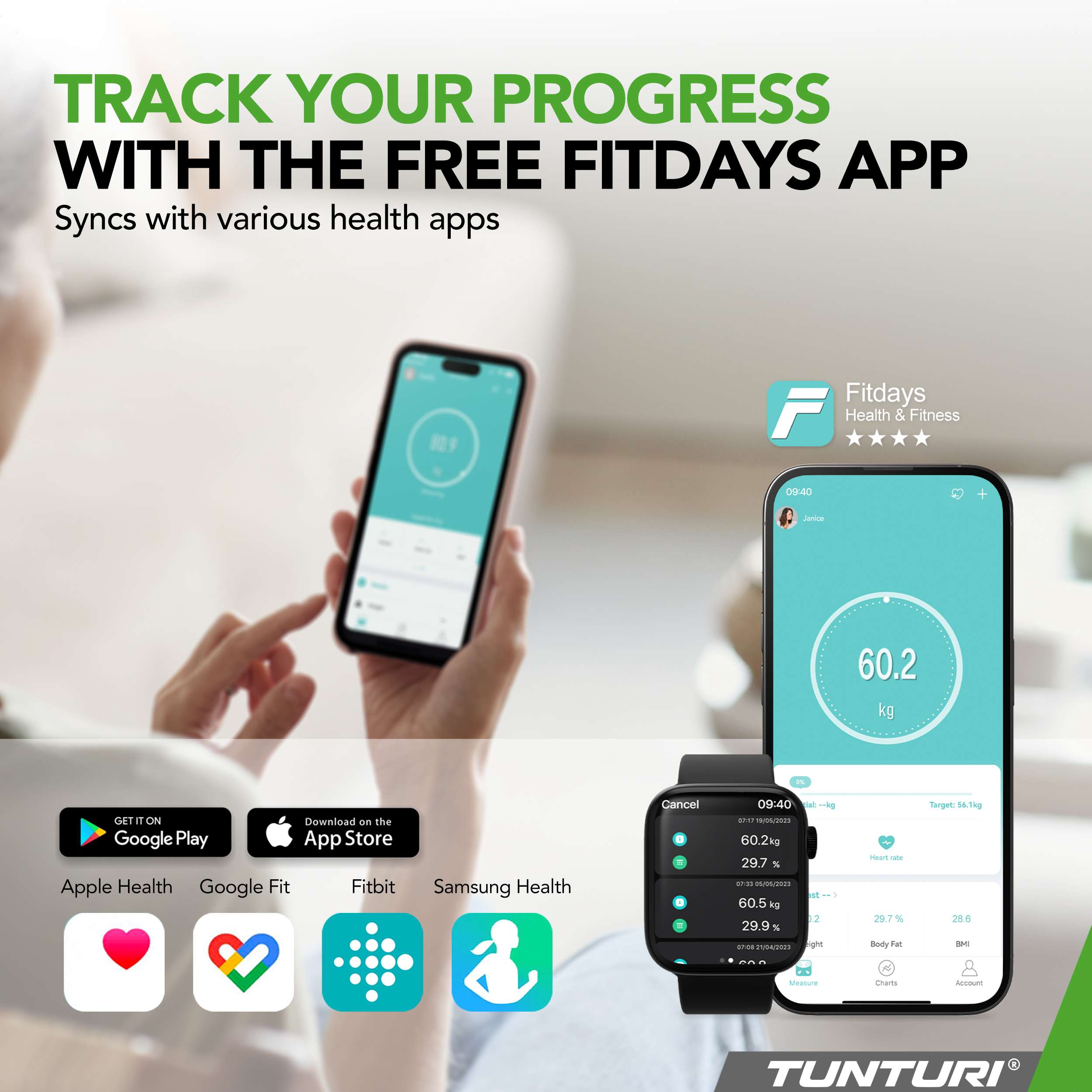 Afbeelding toont een telefoon en horloge met gezondheidsgegevens, app-logo's en tekst over het volgen van voortgang.