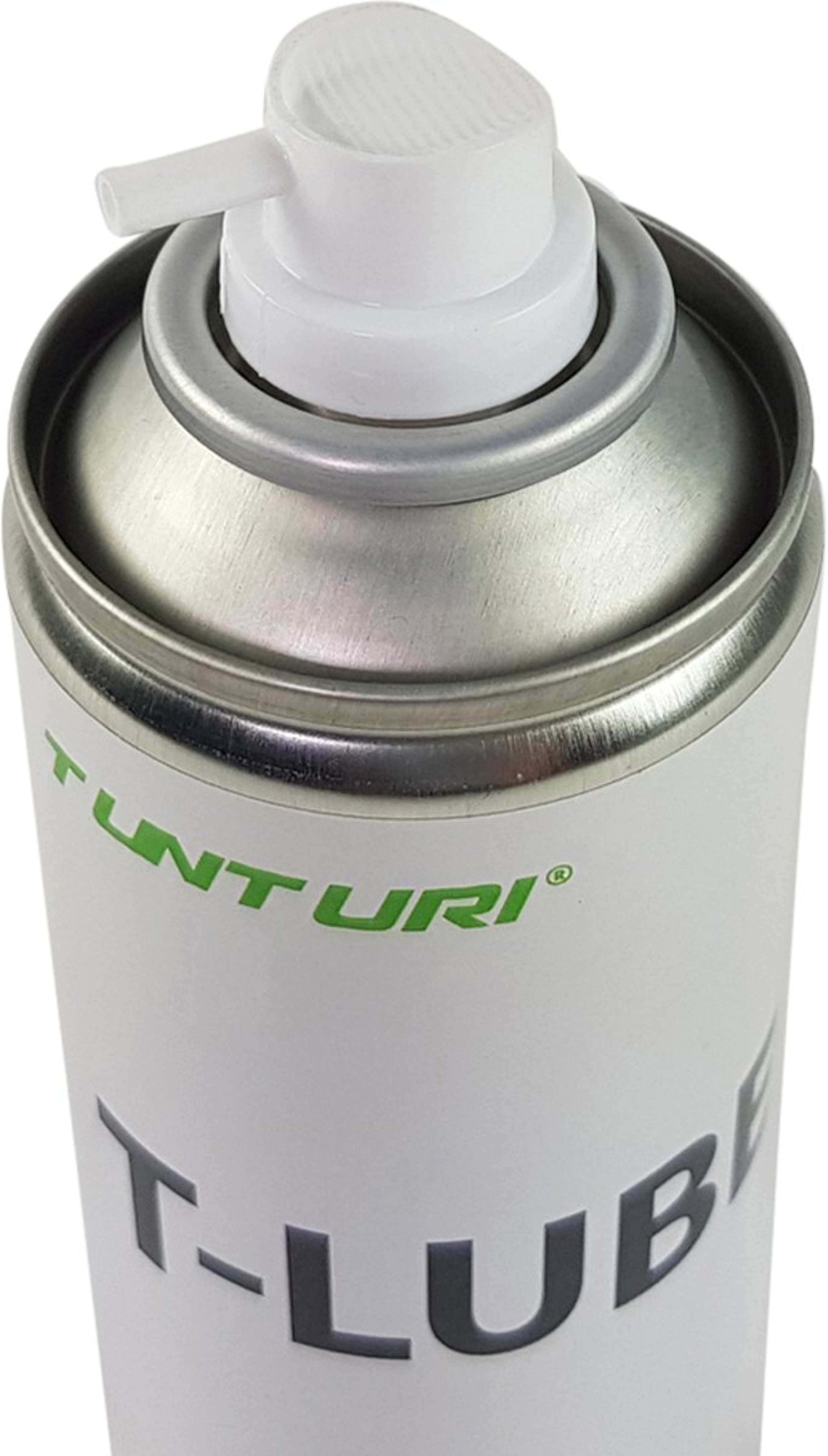 Een Tunturi T-Lube spuitbus, wit met groene en grijze accenten. De dop is wit met een kleine spuitmond.