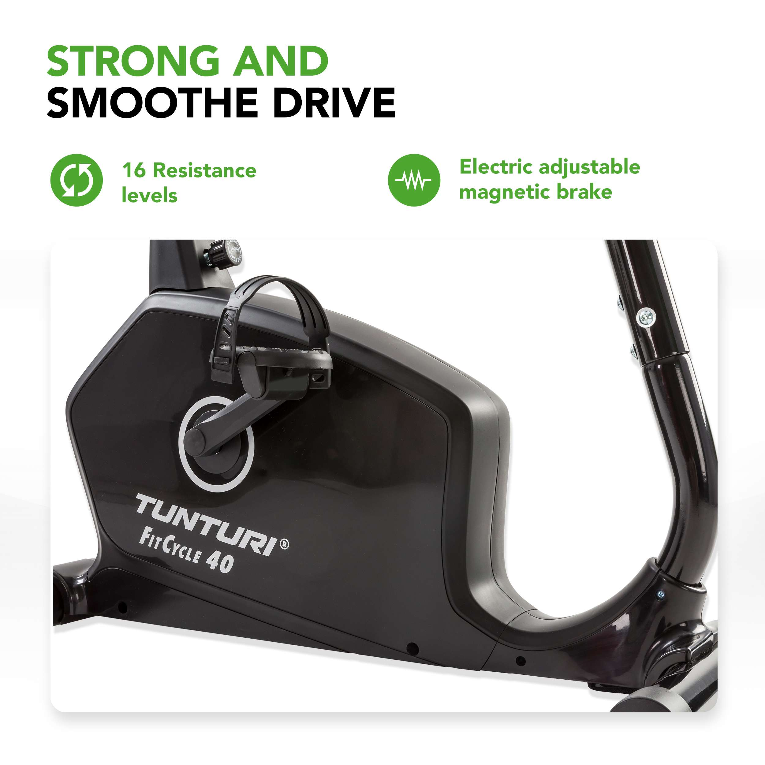 Zwarte hometrainer met Tunturi logo. Tekst luidt 'Strong and Smooth Drive'. Kenmerken zijn 16 weerstandsniveaus.