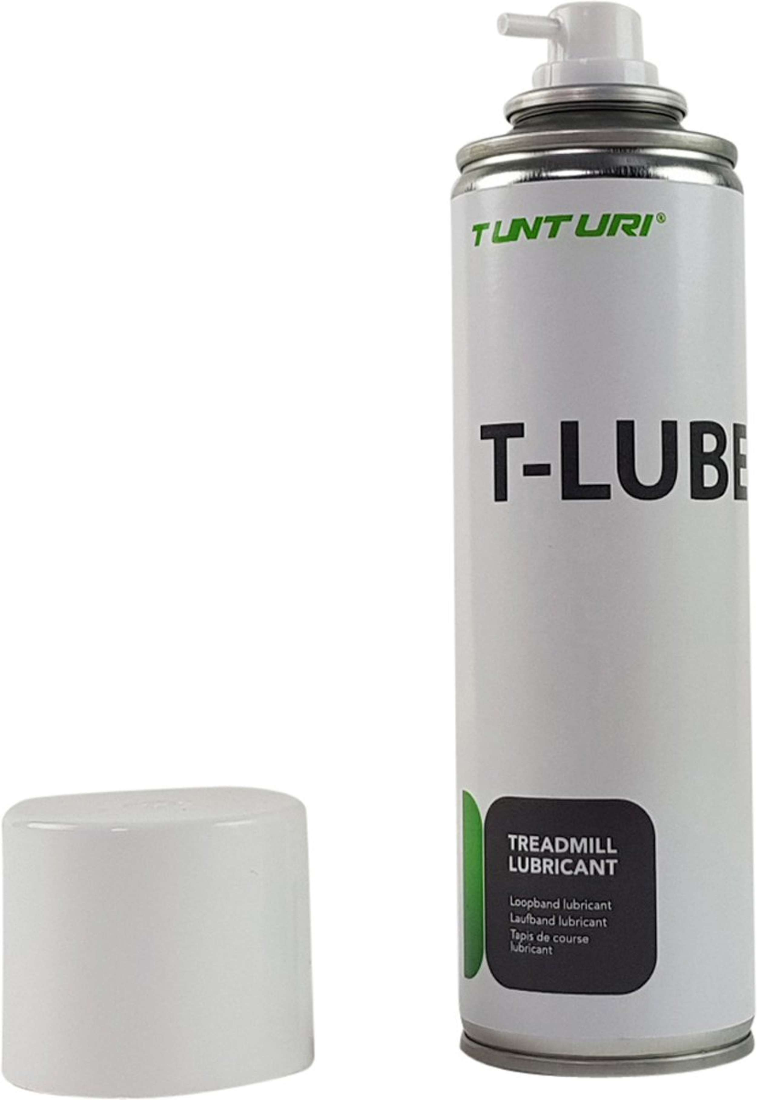 Een Tunturi T-LUBE loopband smeermiddel spraybus, met een witte dop ernaast.