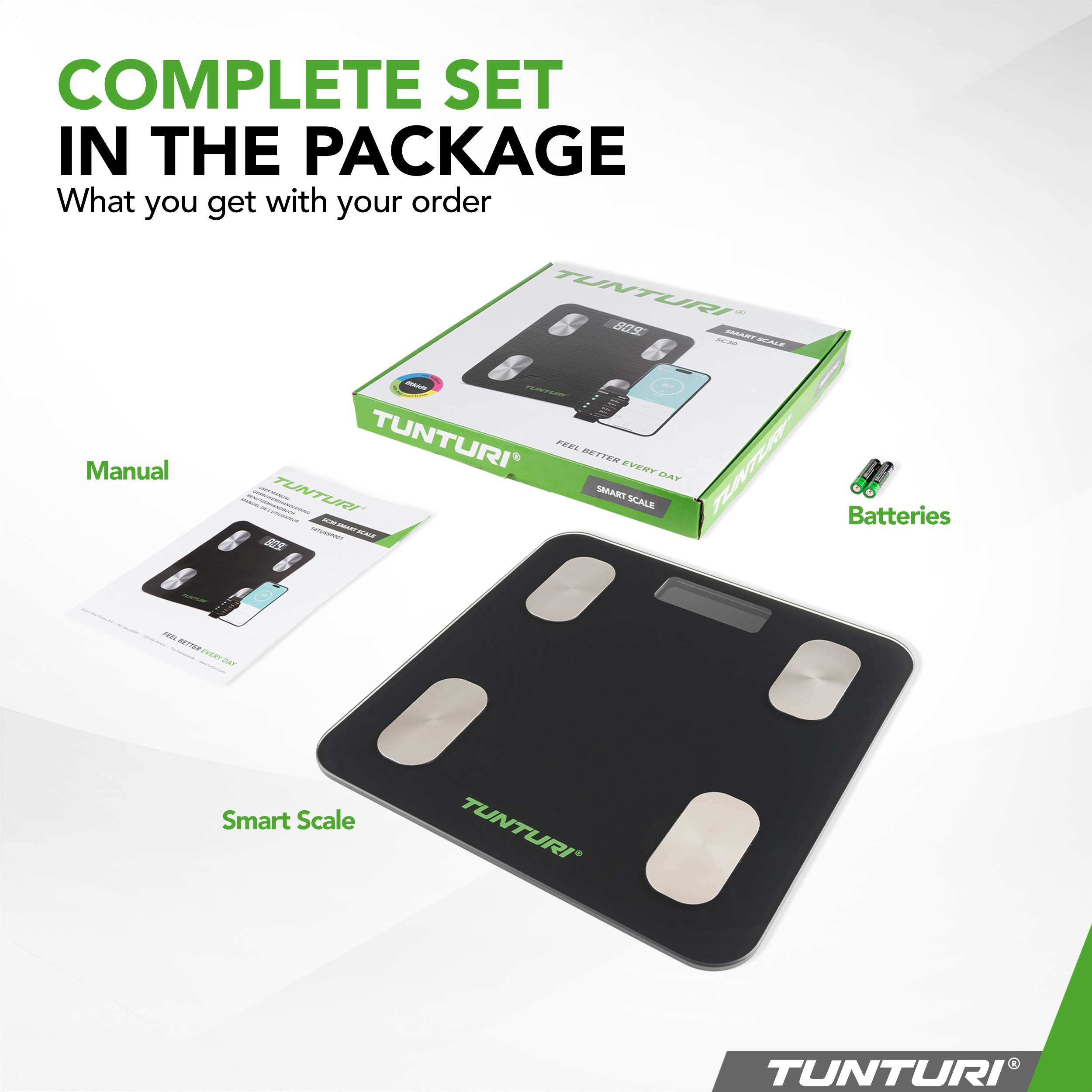 Een complete set met slimme weegschaal, handleiding en batterijen.