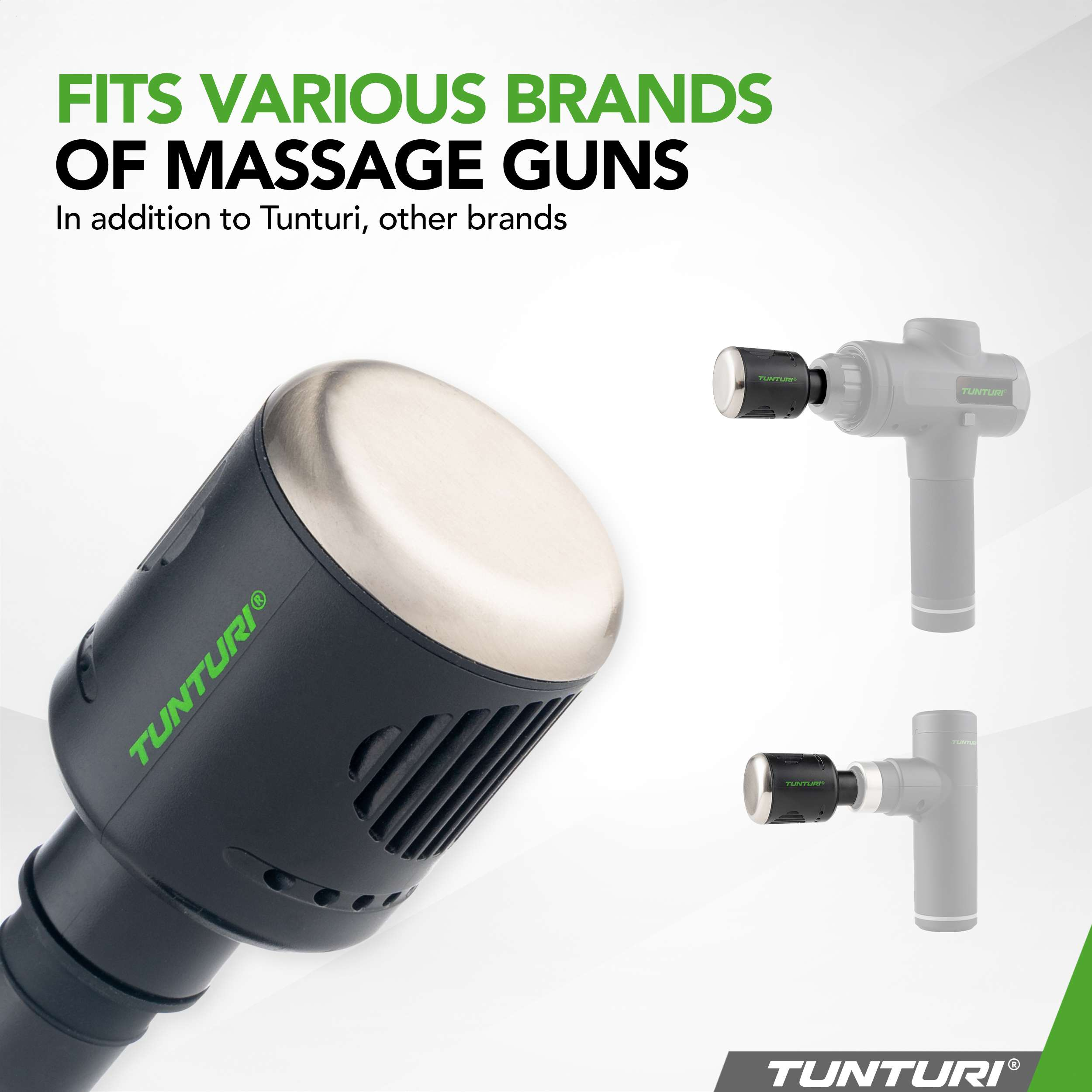 Een massagepistoolopzetstuk wordt getoond, met tekst die aangeeft dat het op verschillende merken massagepistolen past.