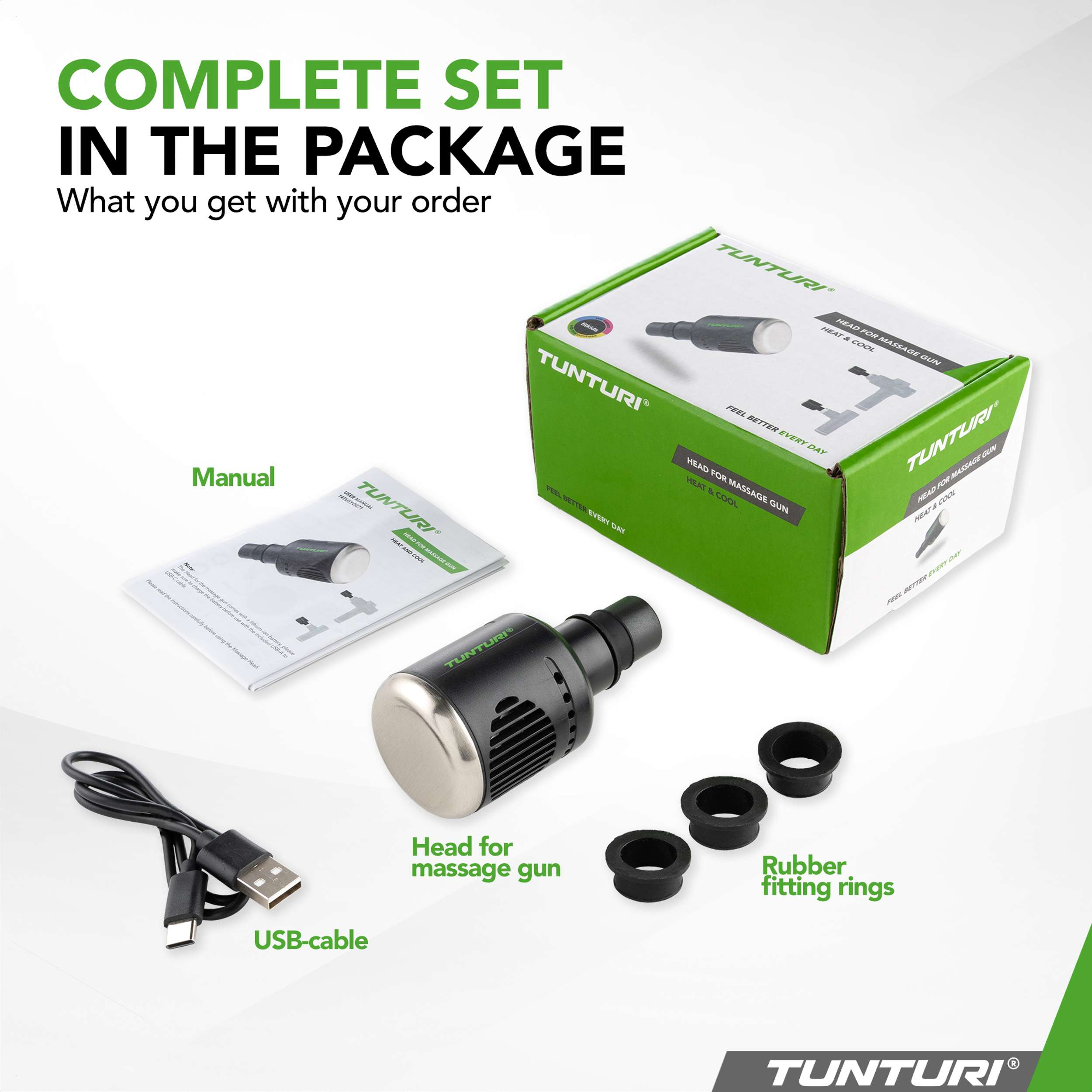 Complete Tunturi massagepistoolset met doos, handleiding, USB-kabel en rubberen ringen. Zwart en groen kleurenschema.