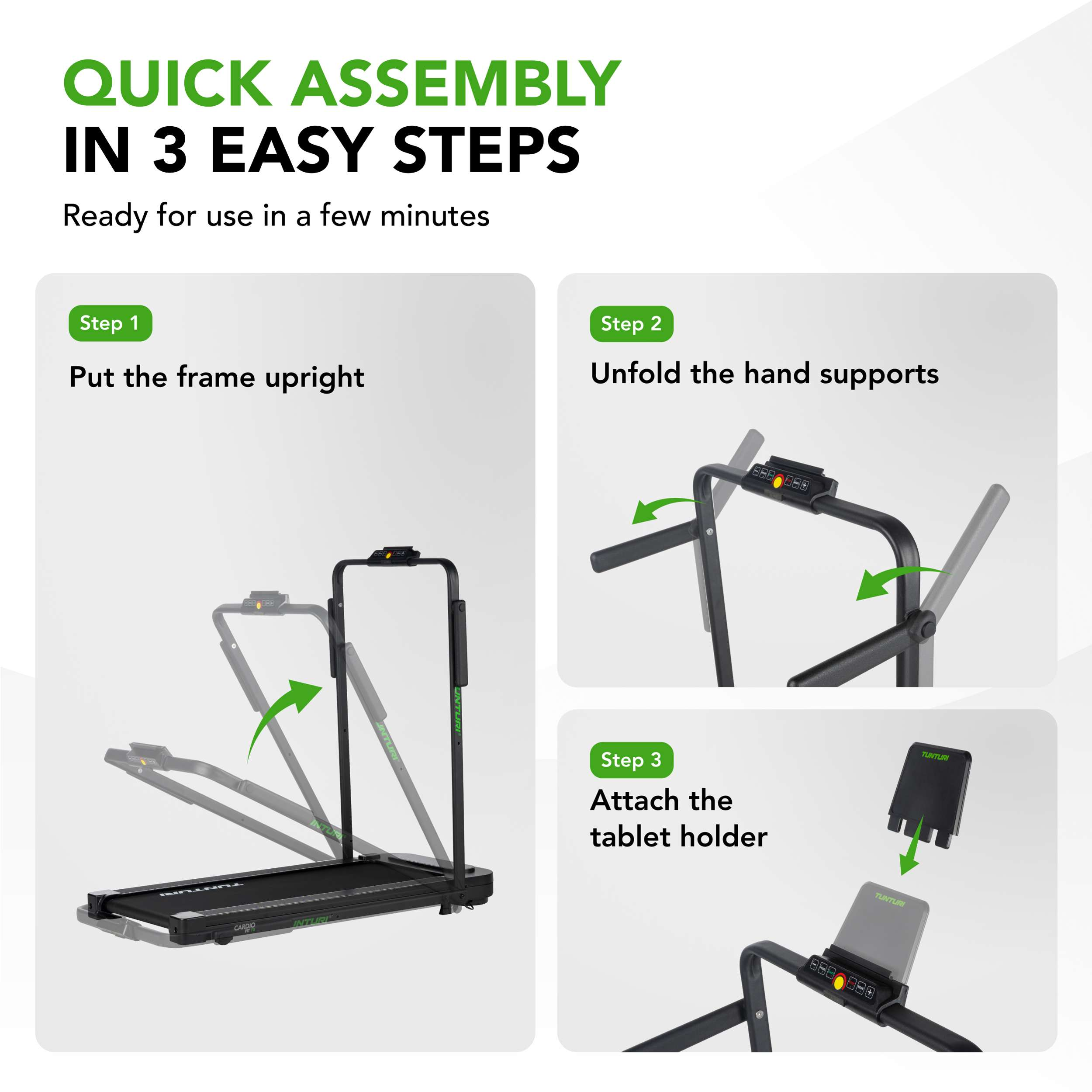 Montage-instructies: zet het frame rechtop, vouw de handsteunen uit en bevestig de tablethouder. Zwarte loopband.