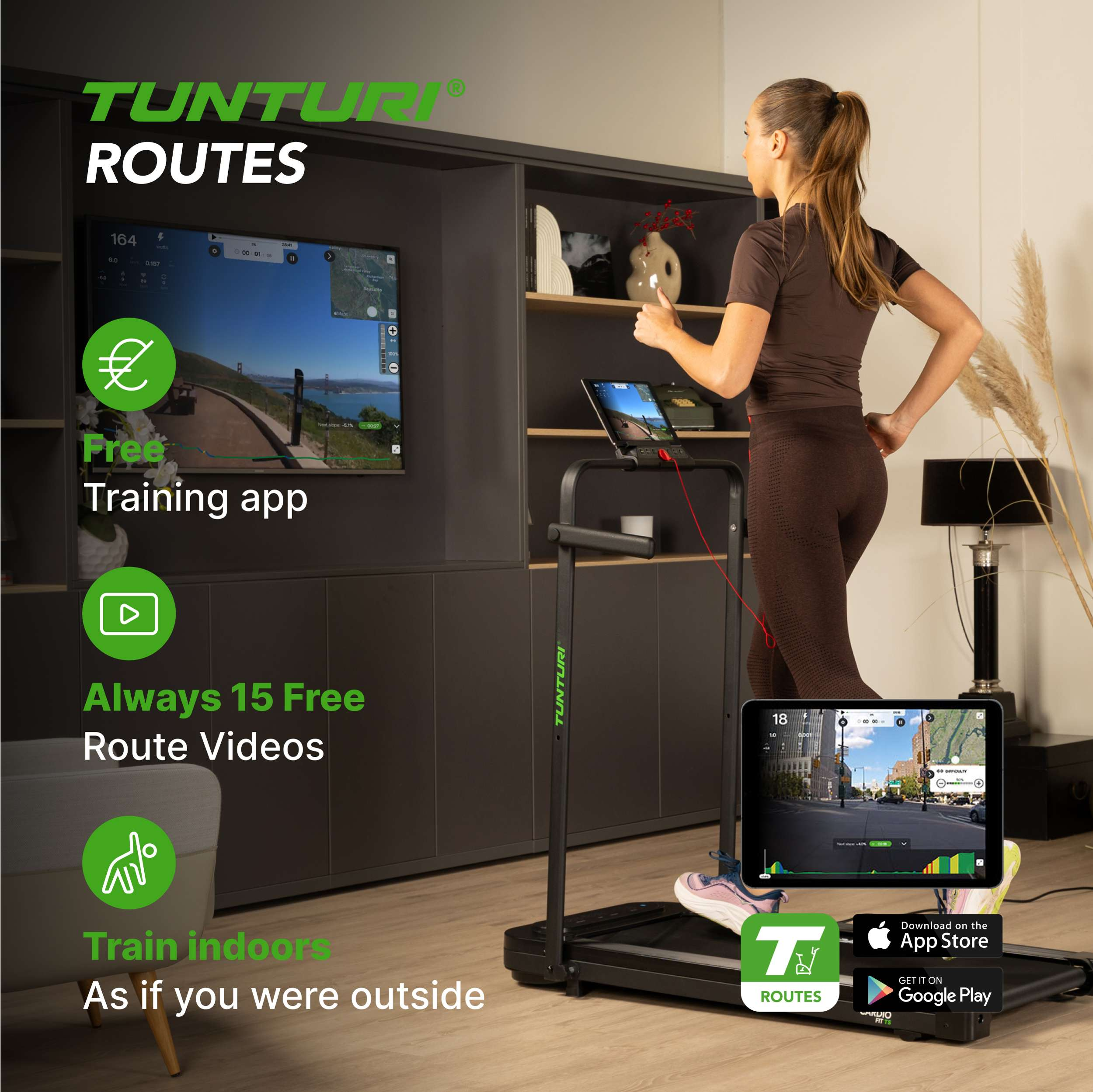 Vrouw op loopband, tablet gebruikend. TV- en app-iconen aanwezig. Tekst: "Train binnen alsof je buiten bent."