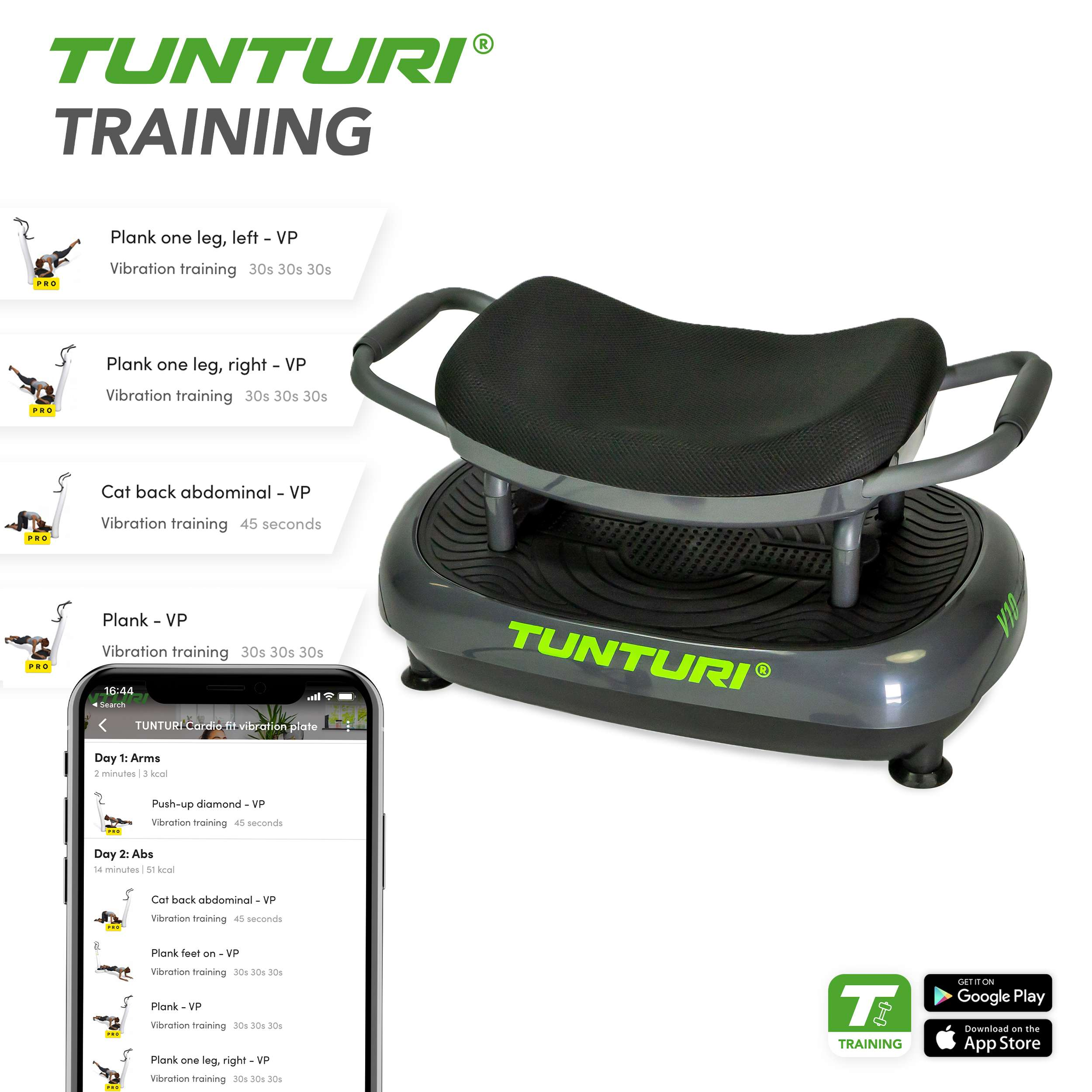 Een grijze Tunturi trilplaatmachine met een zwarte zitting. Een telefoon toont trainingsroutines. Groene tekst.