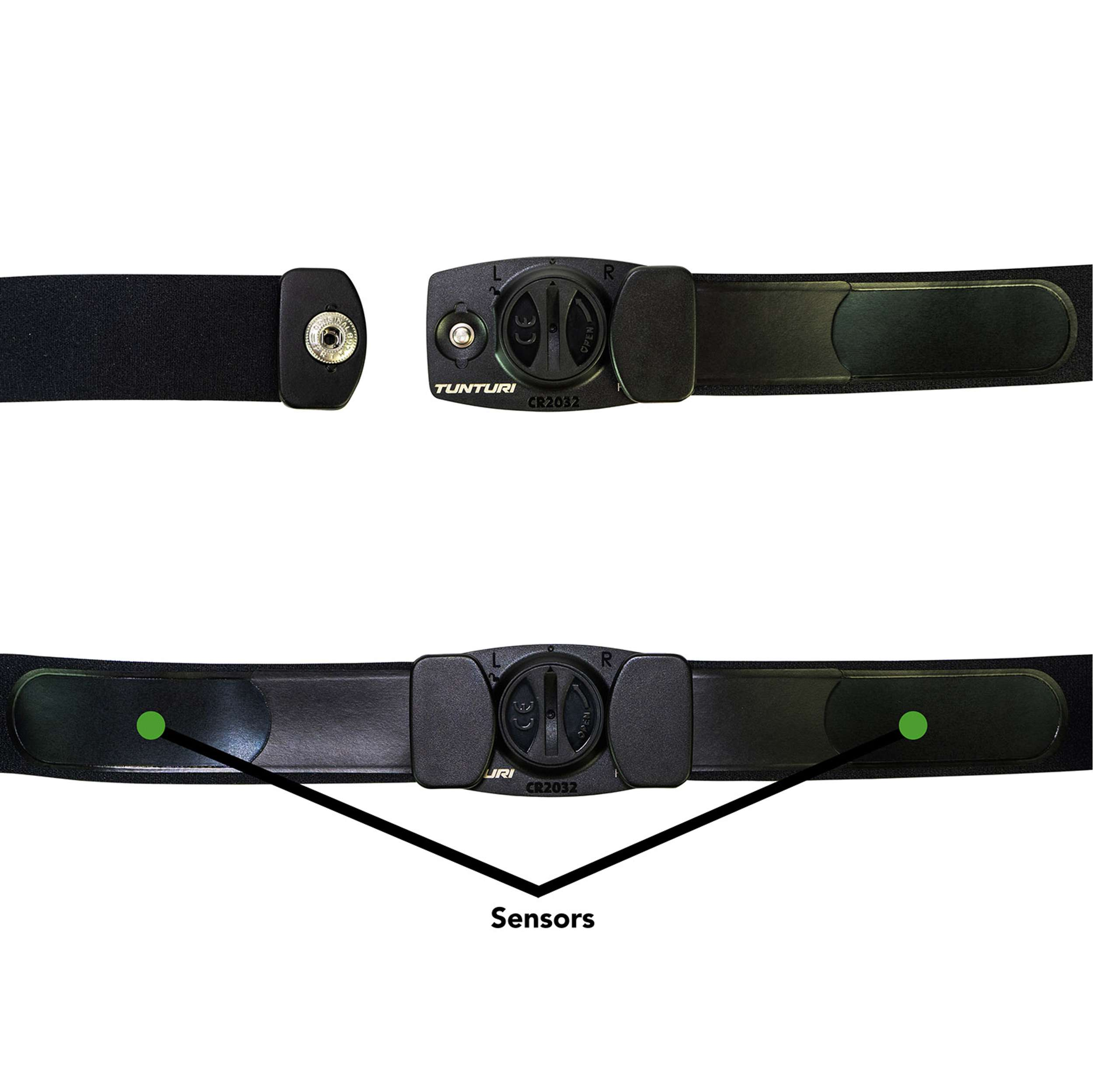 A Tunturi heart rate monitor. The black strap has sensors and a central module. The module has a battery.