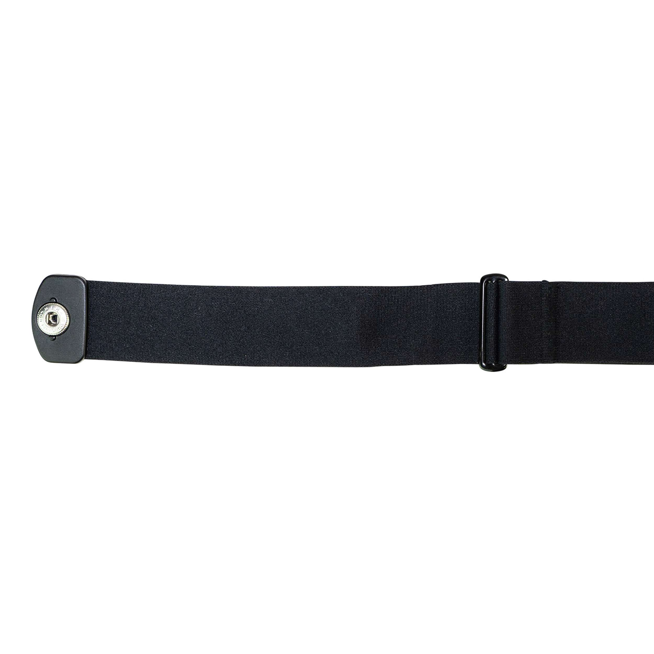 A black strap with a black plastic buckle on a white background. The strap has a sensor.