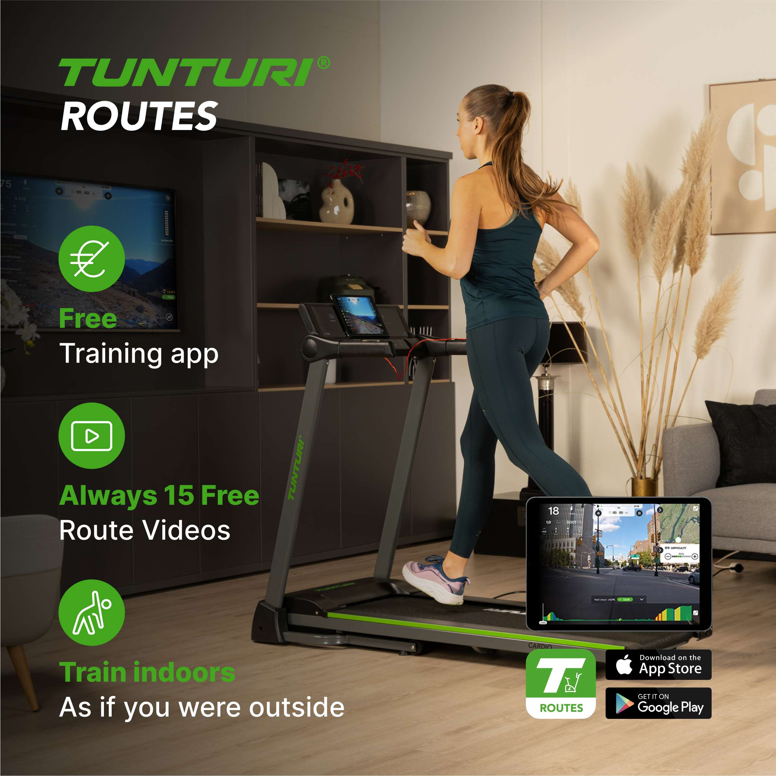 Vrouw die op loopband rent met tablet, reclame voor de Tunturi Routes-app. Inclusief meubels en app store logo's.