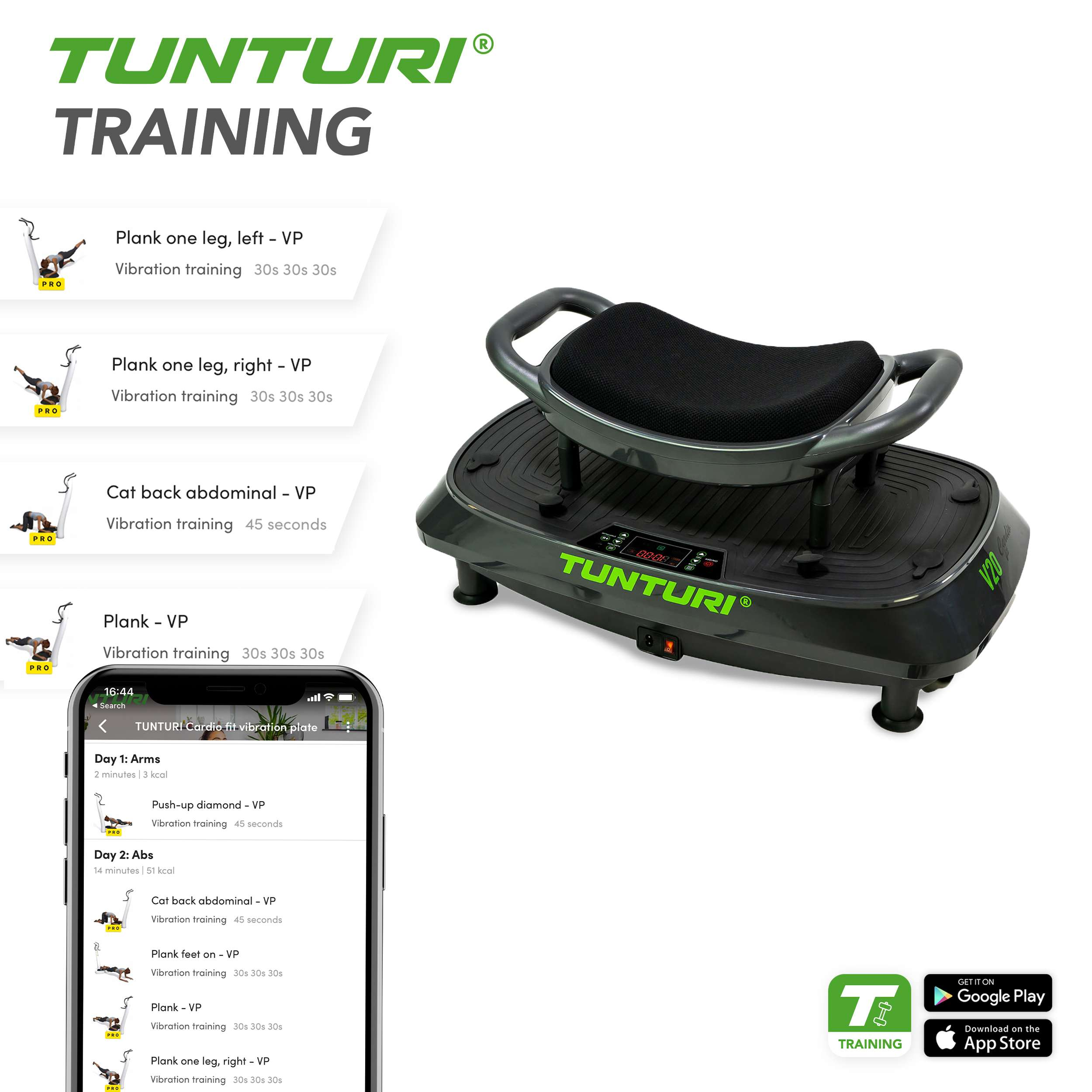 Een trilplaat met een zwarte zitting en een telefoon met trainingsroutines. Het merk is Tunturi.
