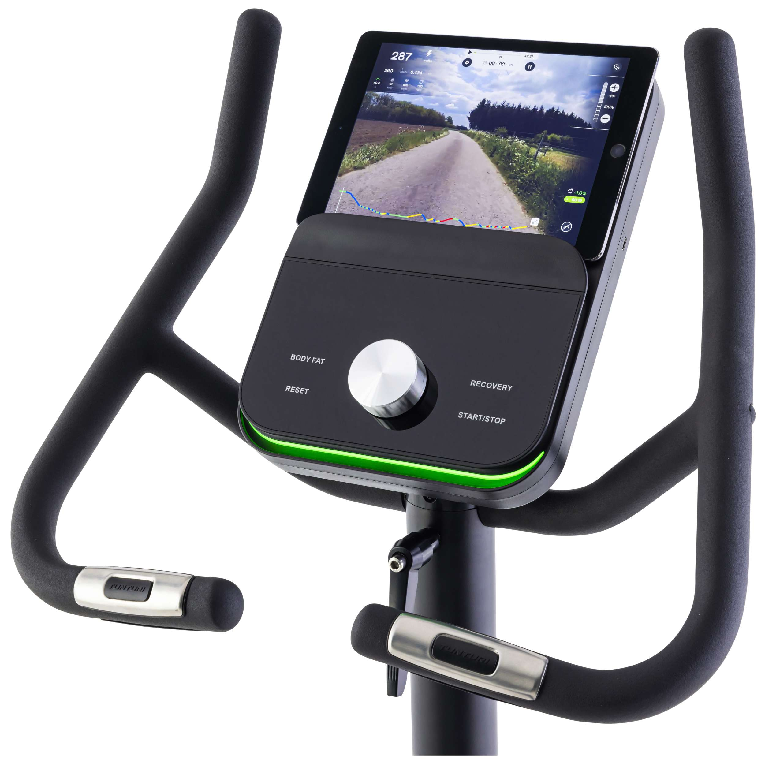 Hometrainer. Tablet met wegweergave. Zwart frame met groene lichtaccenten en Tunturi-logo.