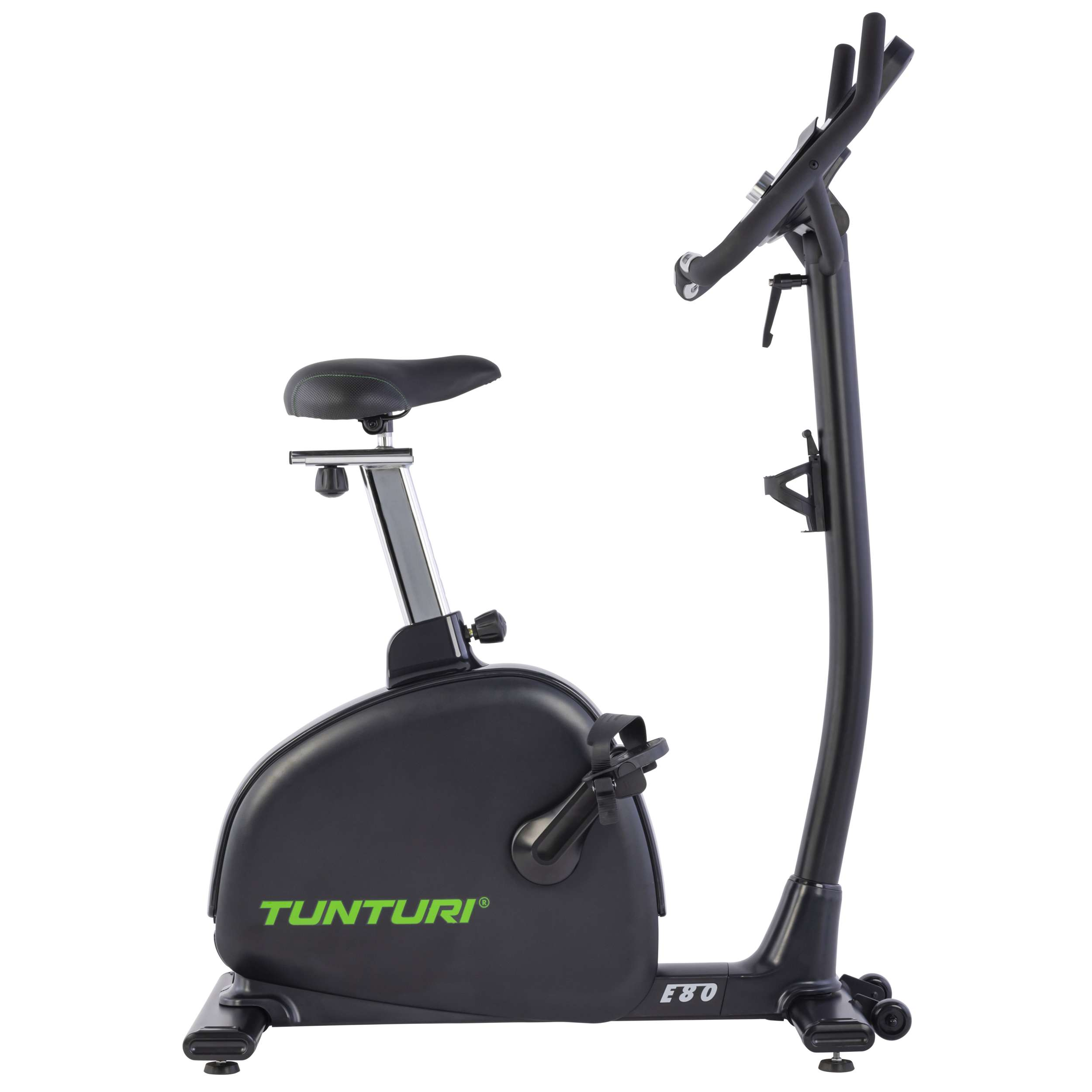 Zwarte hometrainer met zadel, stuur en pedalen. Het merk 'Tunturi' is groen zichtbaar.