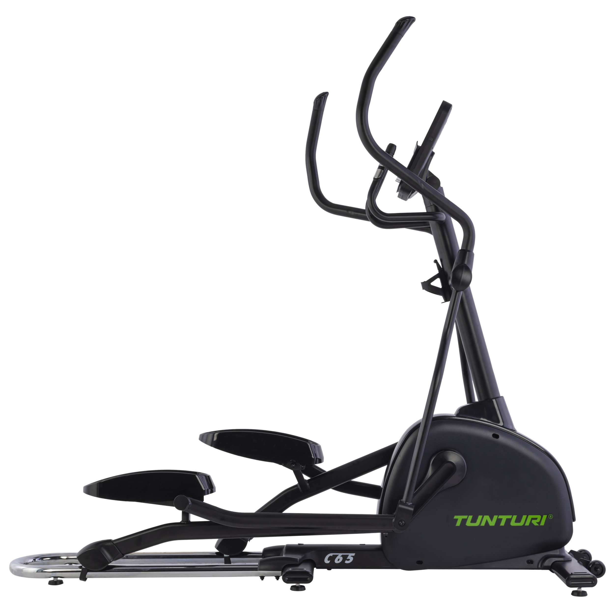 Zwarte Tunturi C65 crosstrainer. Hij heeft pedalen, handvatten en een display. De achtergrond is wit.