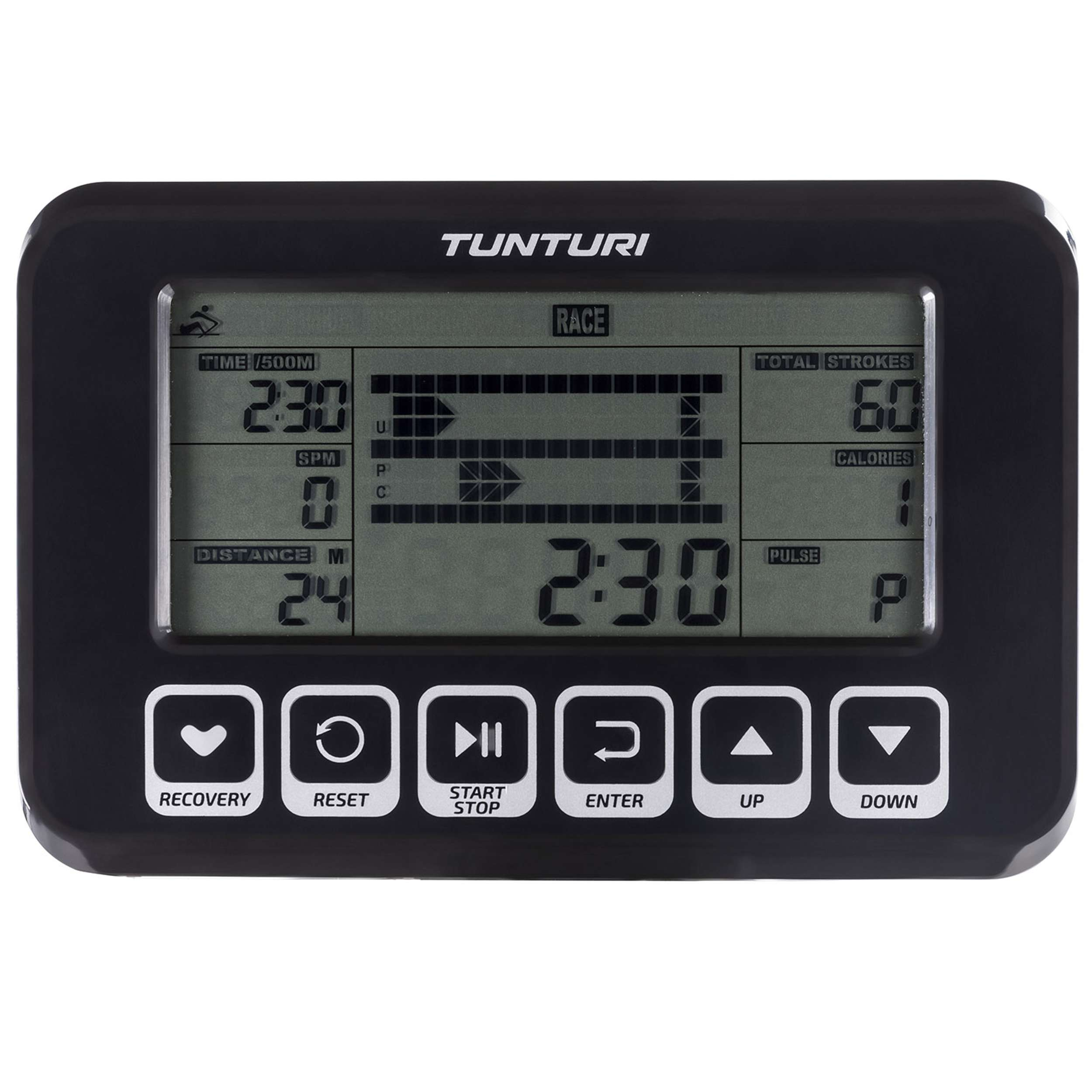 Zwart display van fitnessapparatuur met gegevens en knoppen. Displays tonen tijd, afstand en race-informatie.