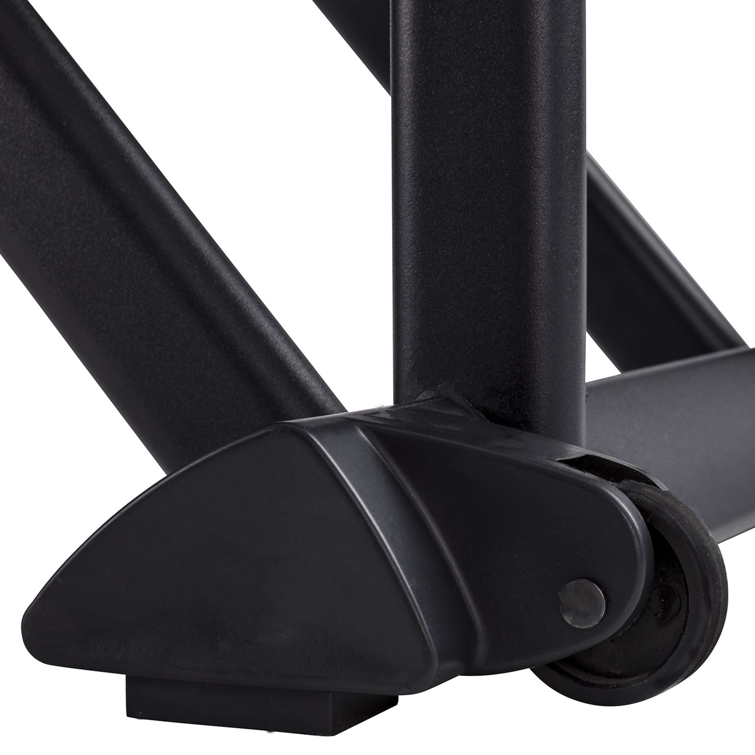Close-up van een zwarte meubelpoot met een wiel. Het wiel zit aan de onderkant, met een draagframe.