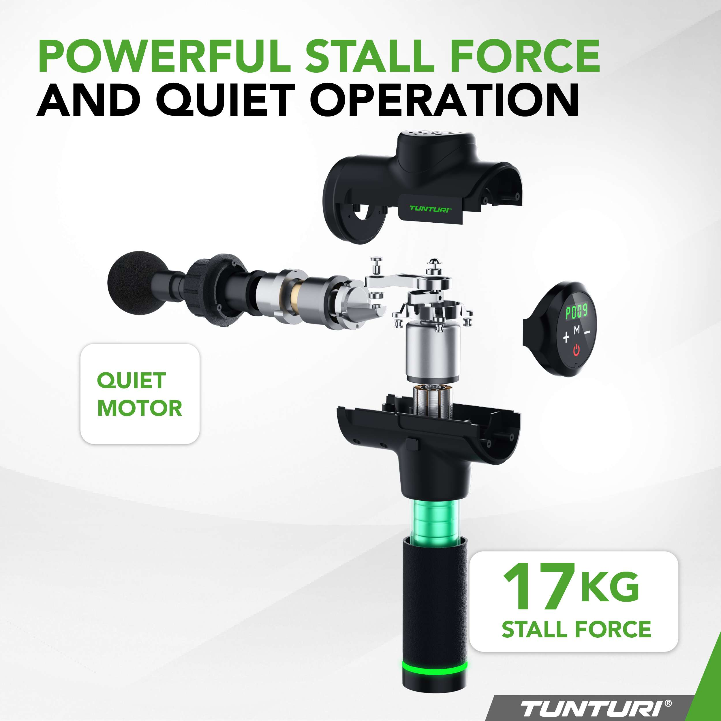 Een ontplofte weergave van een zwart massagepistool met tekst: Krachtige stall force en stille werking, 17KG stall force.