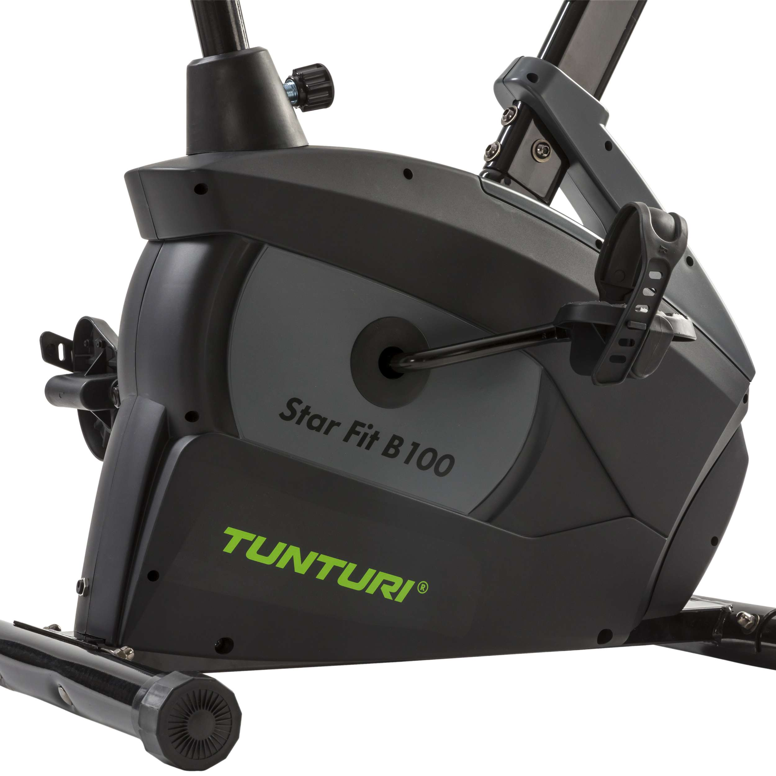 Close-up van een zwarte hometrainer met groene tekst met Tunturi en Star Fit B 100.
