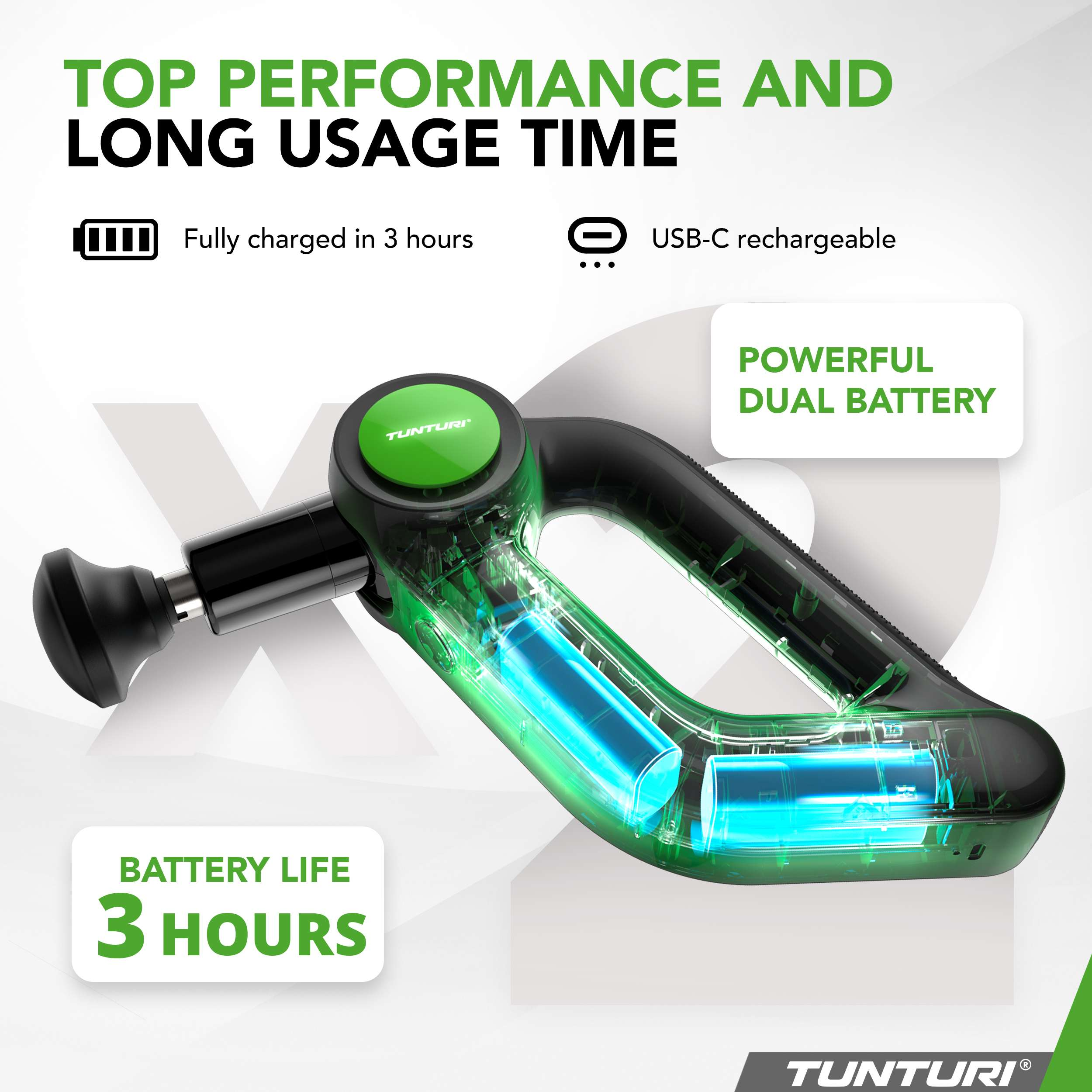 Afbeelding toont een massagepistool, transparant groen, met twee batterijen. Tekst zegt 'Top prestaties' en '3 uur batterijduur'.