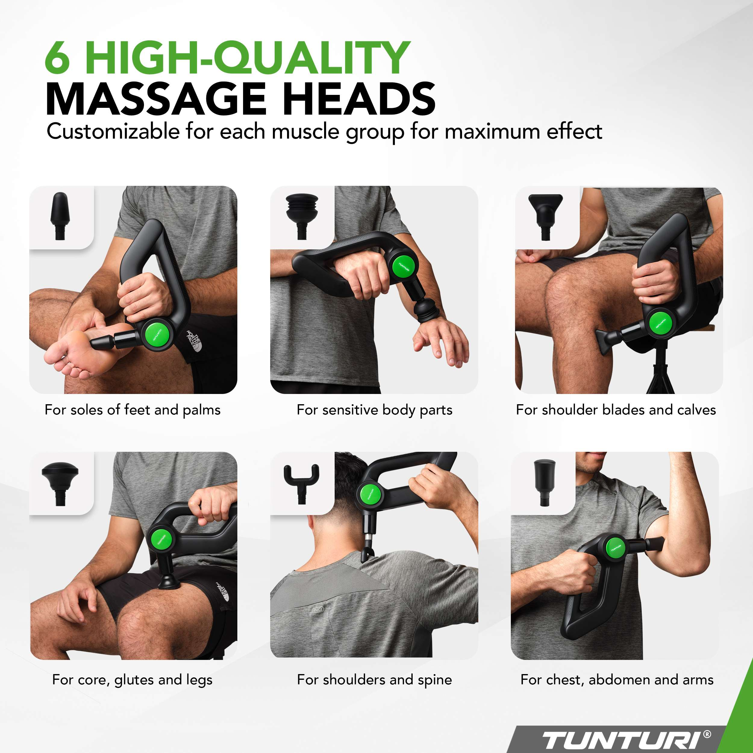 Afbeelding toont 6 massagekoppen met verschillende vormen, gebruikt op diverse lichaamsdelen. Tekst zegt 'Tunturi'.