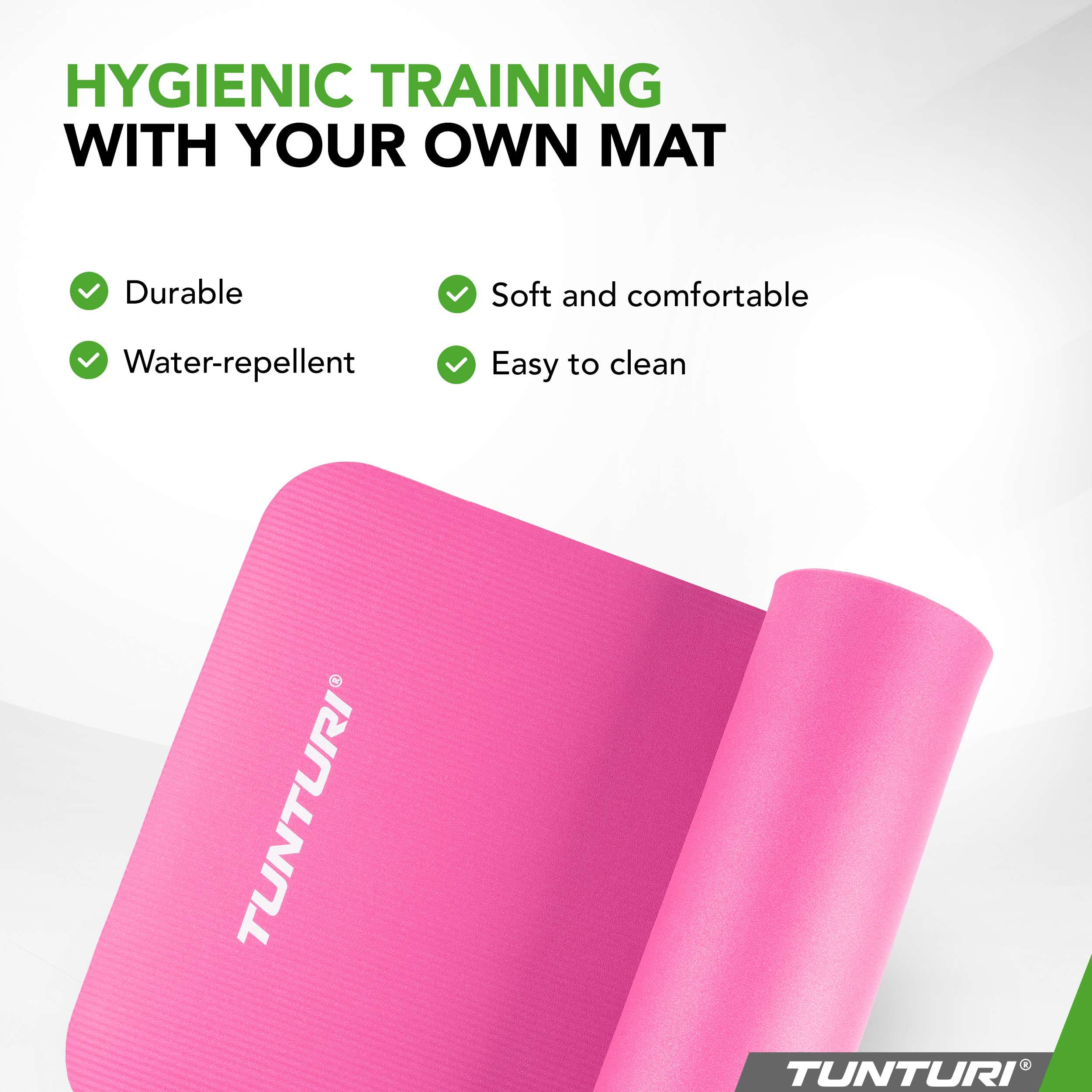 A pink rolled-up exercise mat with white text and green checkmarks on a white background, promoting hygienic training.